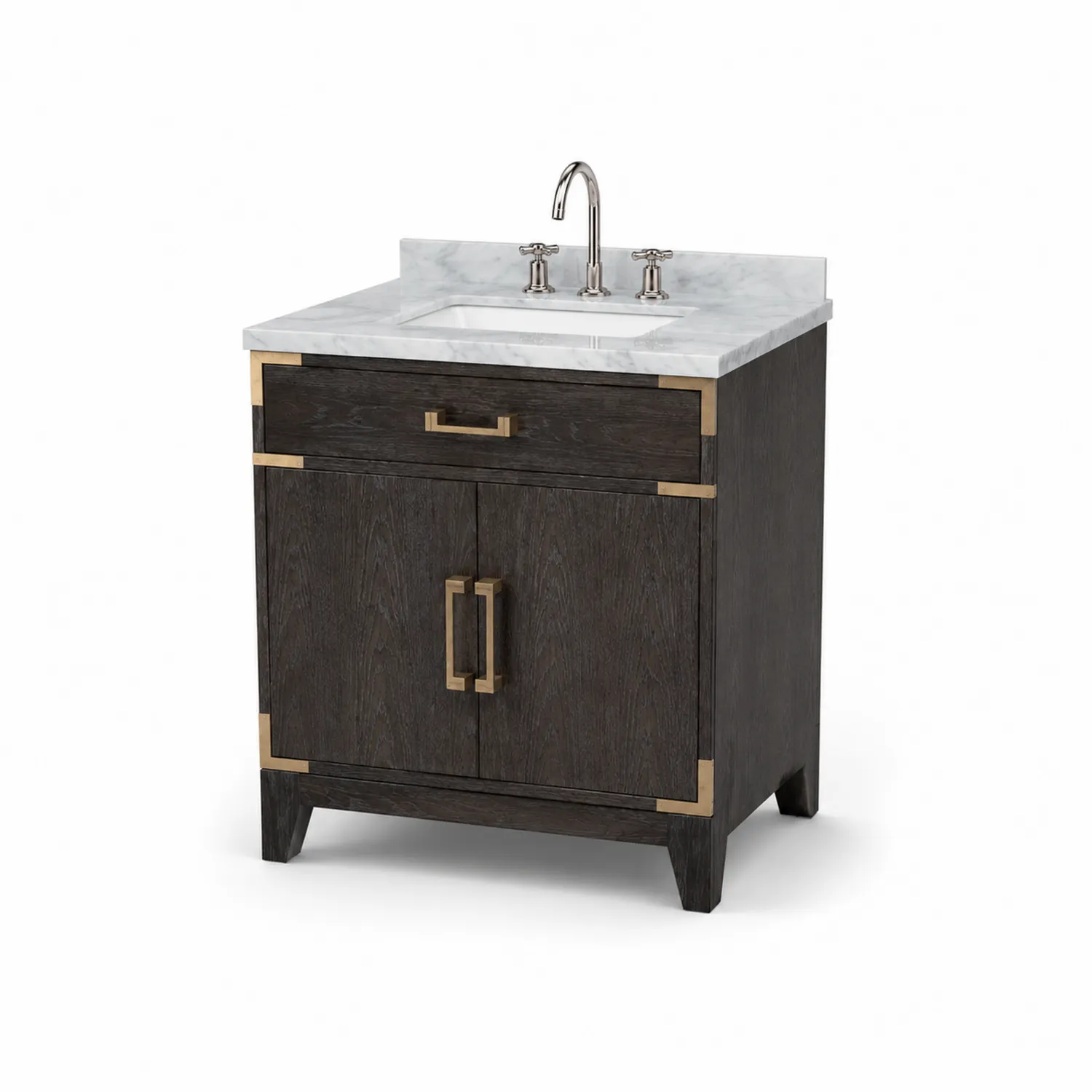 Mobile bagno in legno massello con piano in marmo e maniglie in metallo