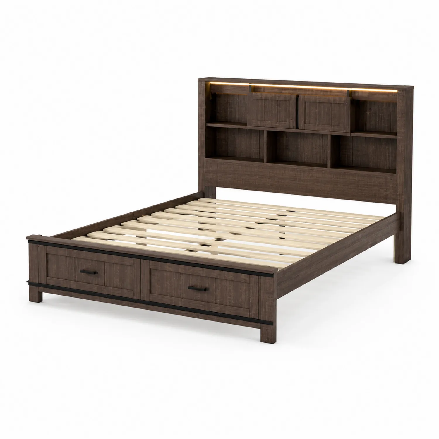 Letto in legno massello con testiera libreria e cassetti