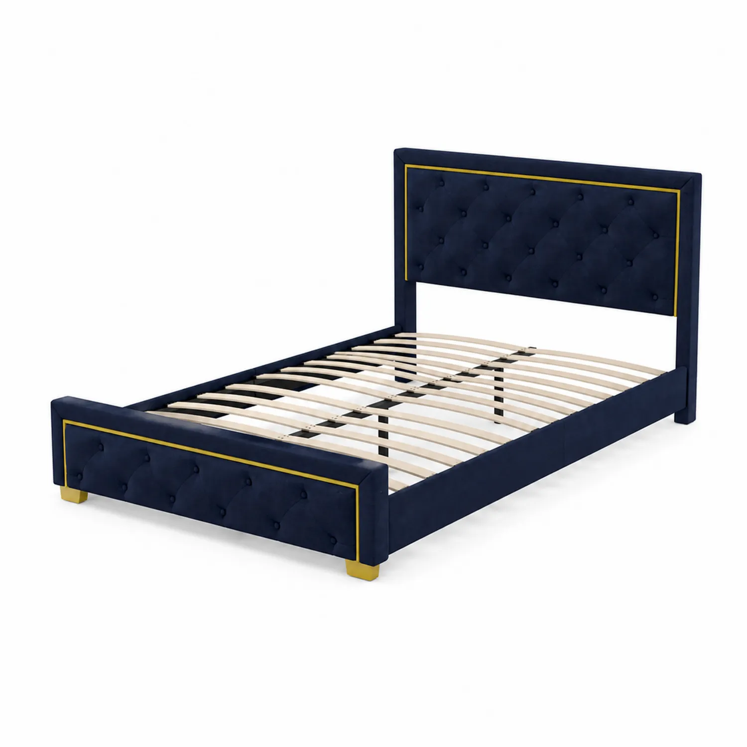 Letto in legno e velluto blu con testiera 200x160 cm