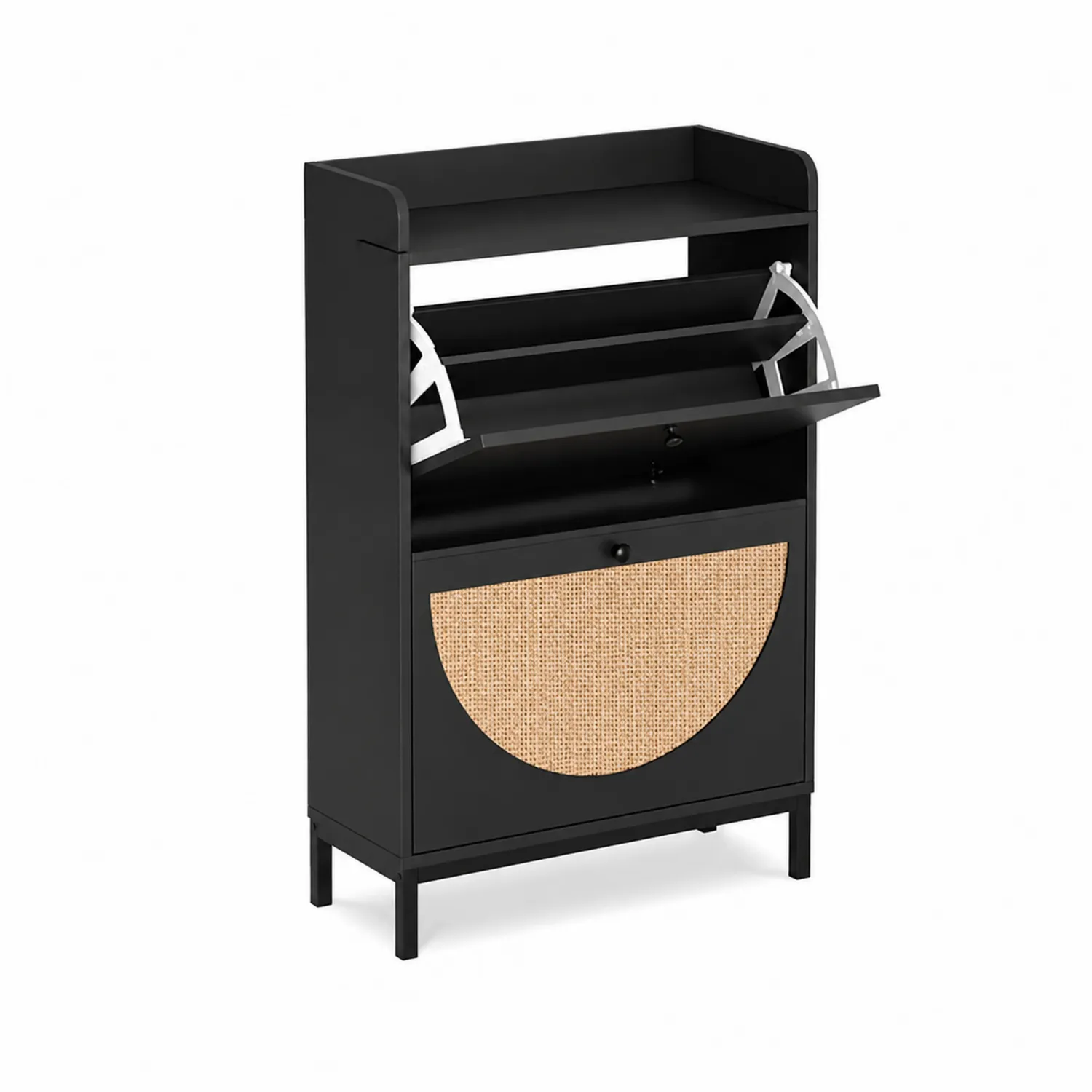 Schuhschrank aus Holz und Rattan Schwarz