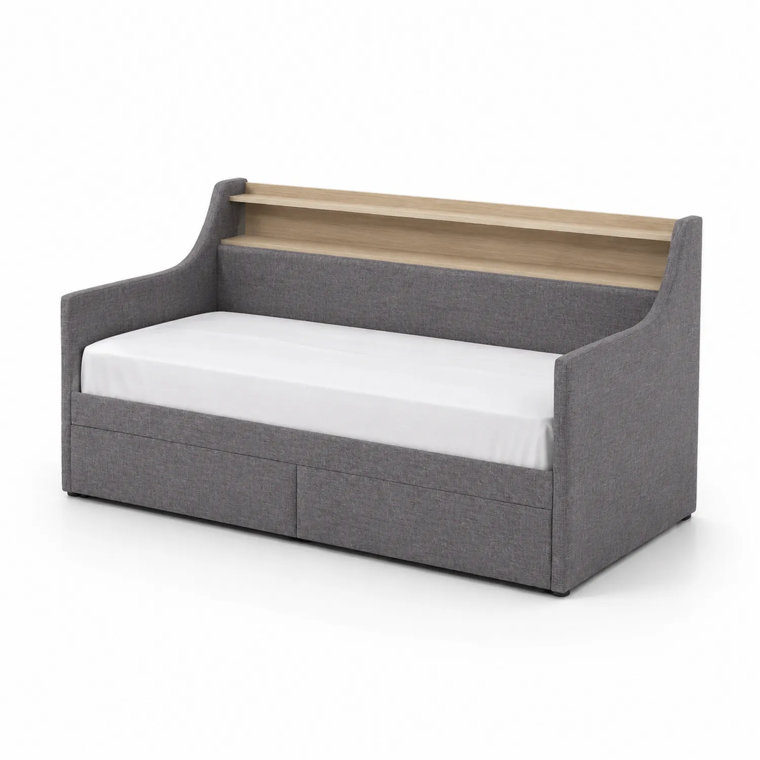 Tagesbett mit Stoffbezug und Holzregal aus Massivholz Grau 200x90 cm