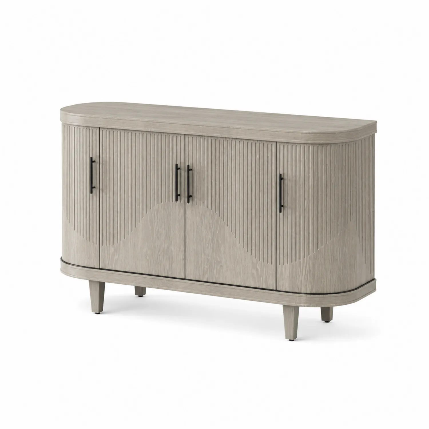 Sideboard aus Holzwerkstoff mit abgerundeter Form und schwarzen Griffen
