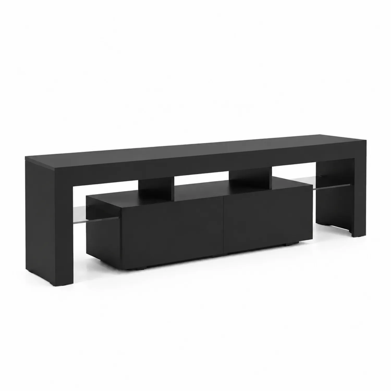 Schwarzes TV-Möbel aus MDF mit gehärteten Glasregalen