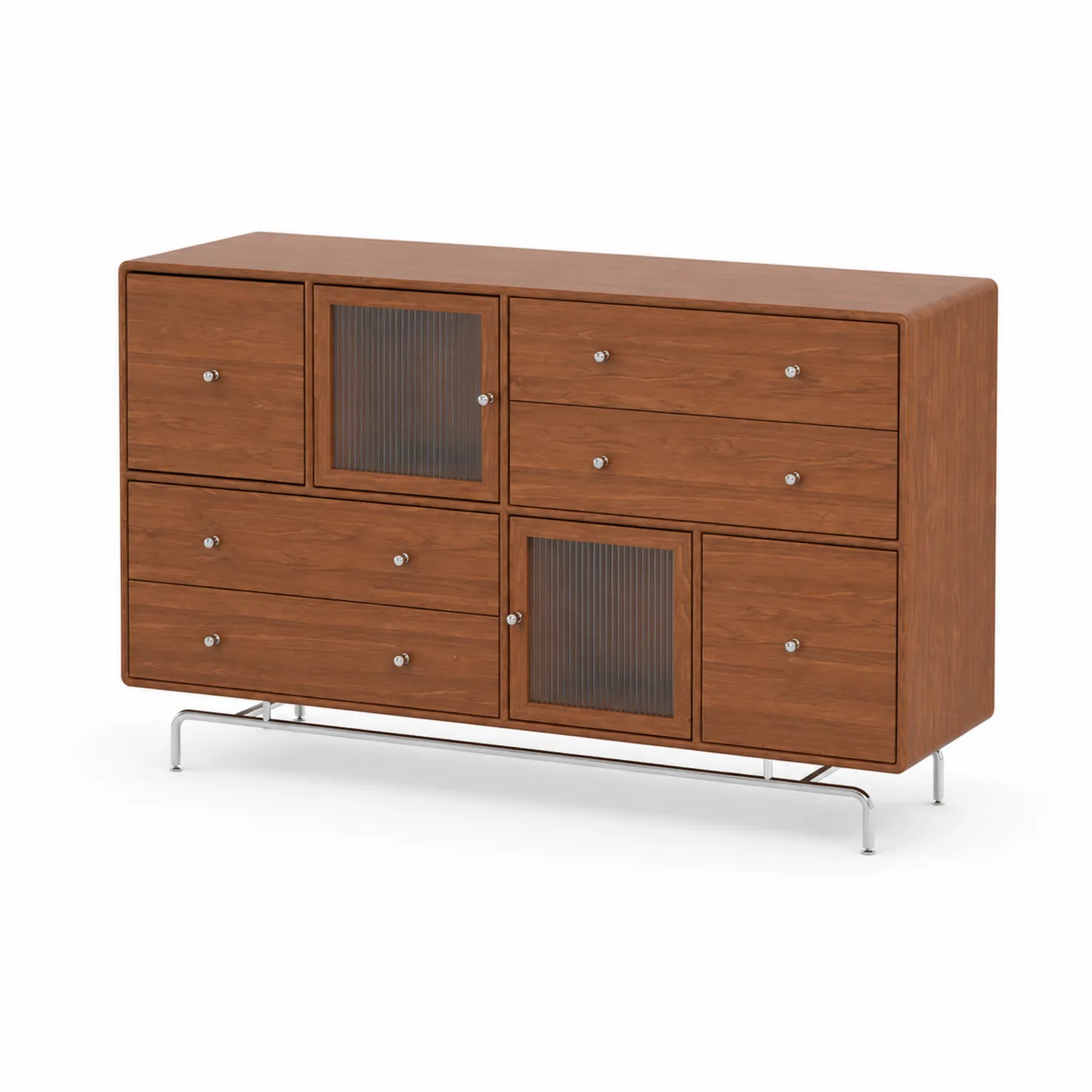 Holz-Sideboard mit geriffeltem Glas und Stahlbeinen 140x40x80 cm Braun