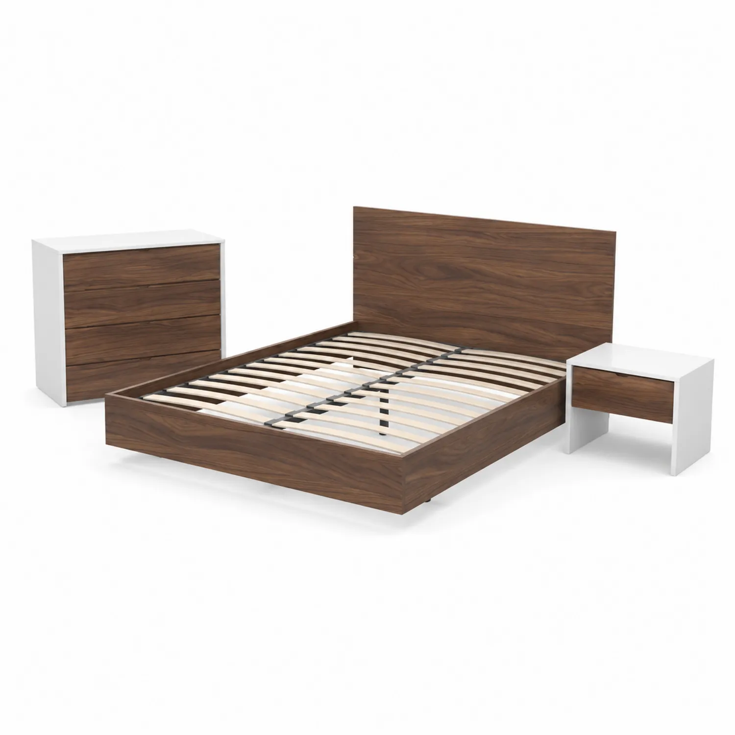 Schlafzimmer-Set Doppelbett mit Holzfurnier und Metall 200x140cm Nussbaum/Weiß