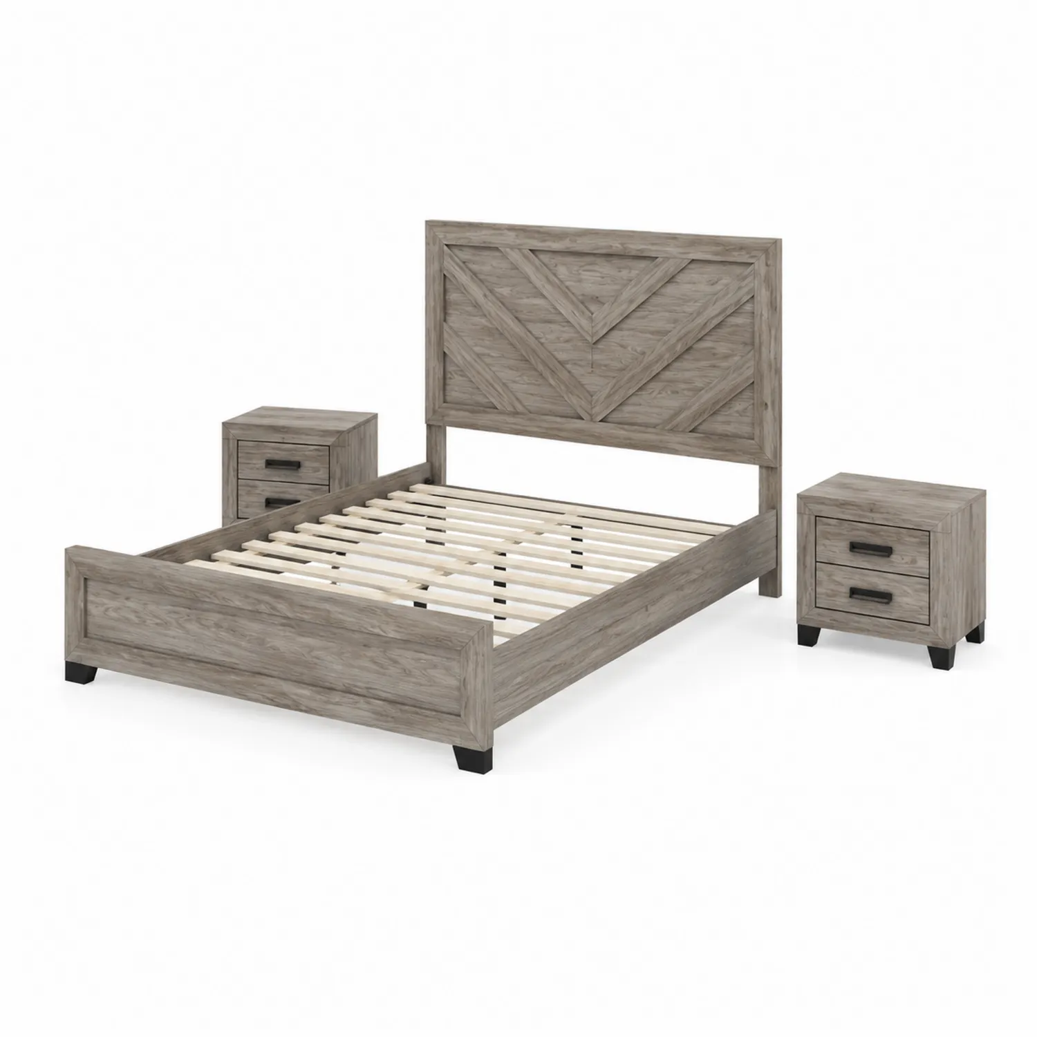 Holz Schlafzimmer-Set mit Bettgestell und Nachttischen Grau 200x140 cm