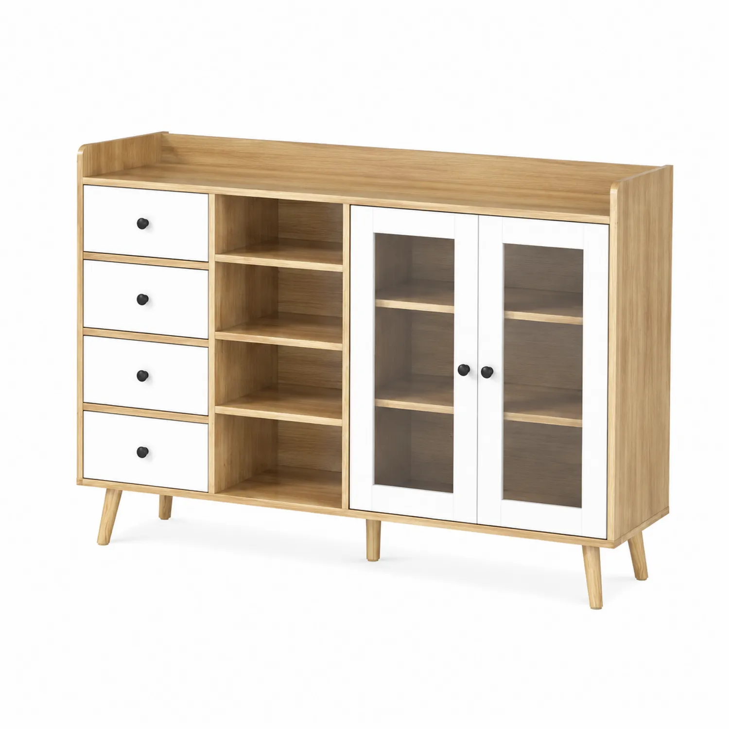 Kiefernholz Buffetschrank mit Schubladen und Glastüren Eiche Weiß