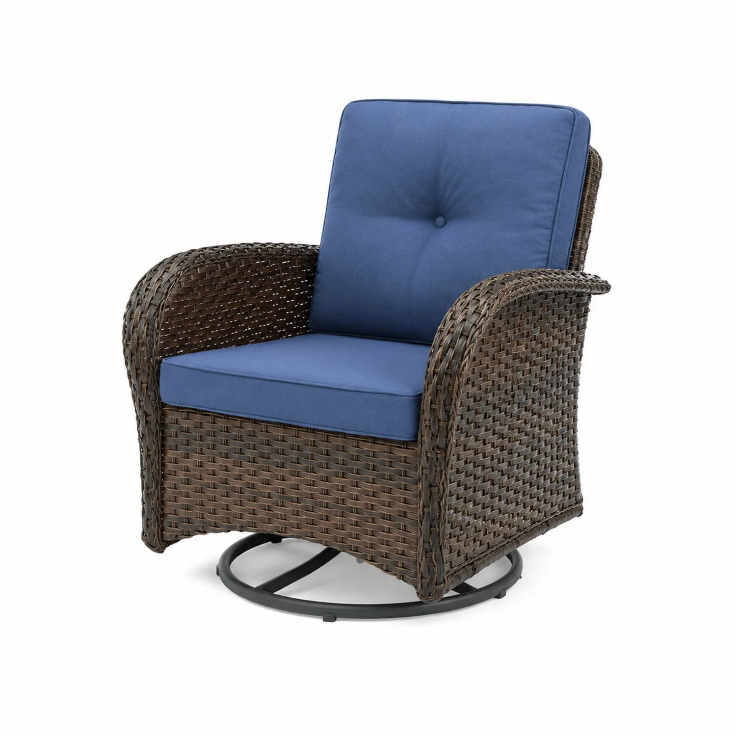 Drehbarer Schaukelstuhl aus Polyrattan mit blauen Kissen