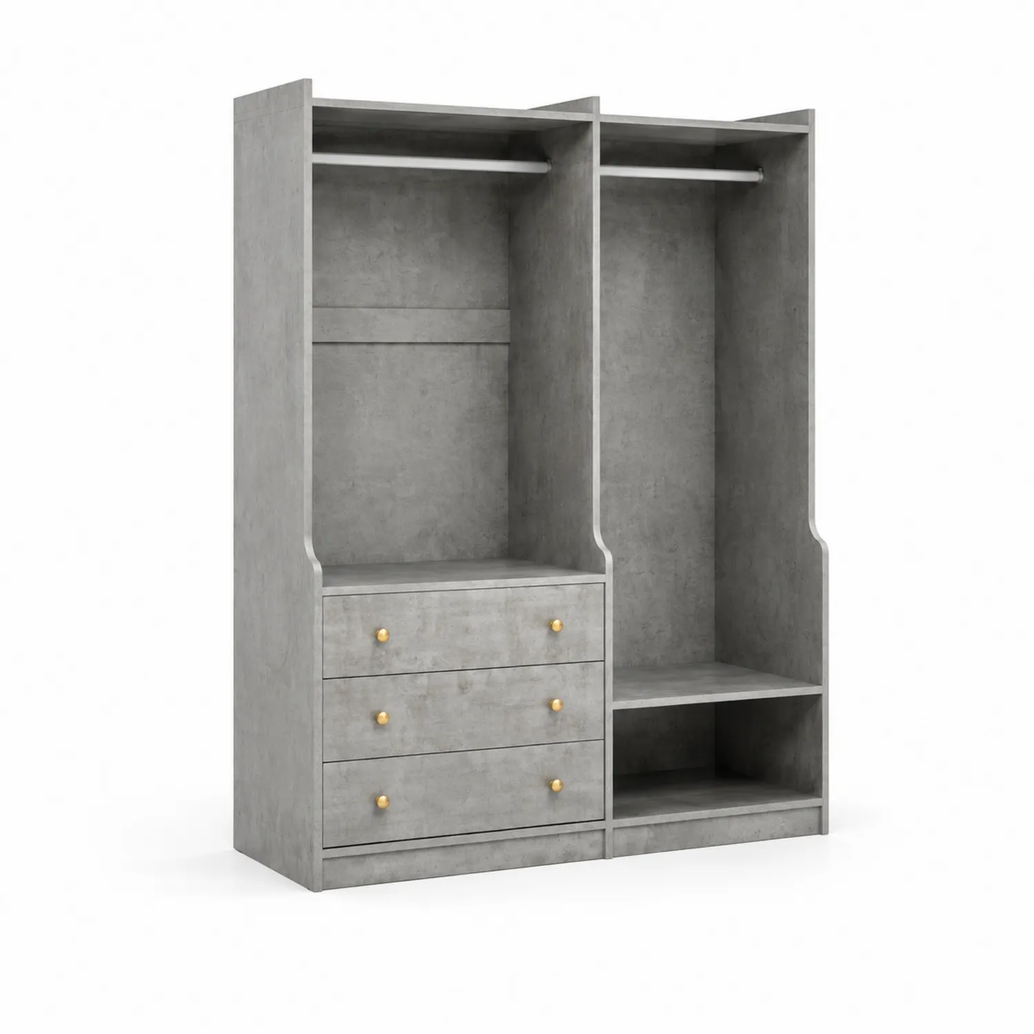 Kleiderschrank mit 3 Schubladen und 2 Kleiderstangen aus Betonoptik, Grau