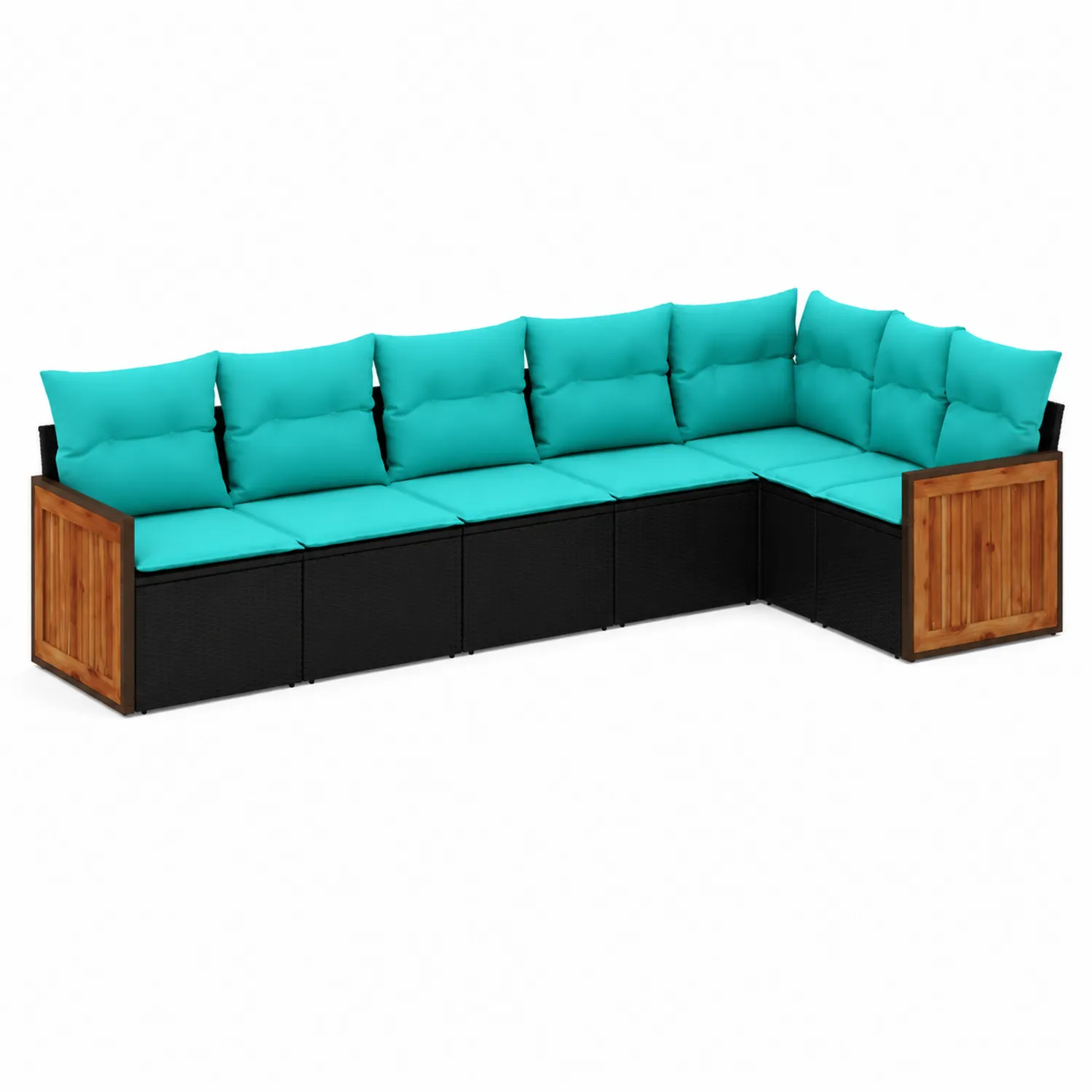 Modulares Rattan-Gartensofa-Set mit Akazienholz und Polyesterkissen, Schwarz/Türkis
