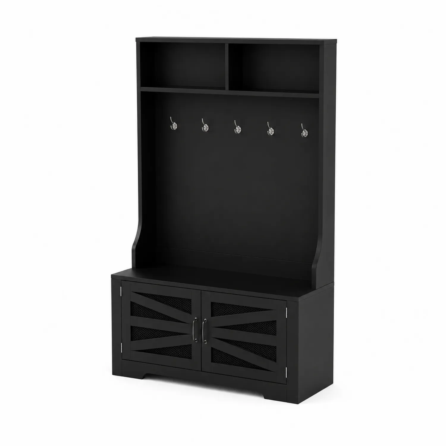 Schwarzer Garderobenständer aus Holz mit MDF und Metallhaken