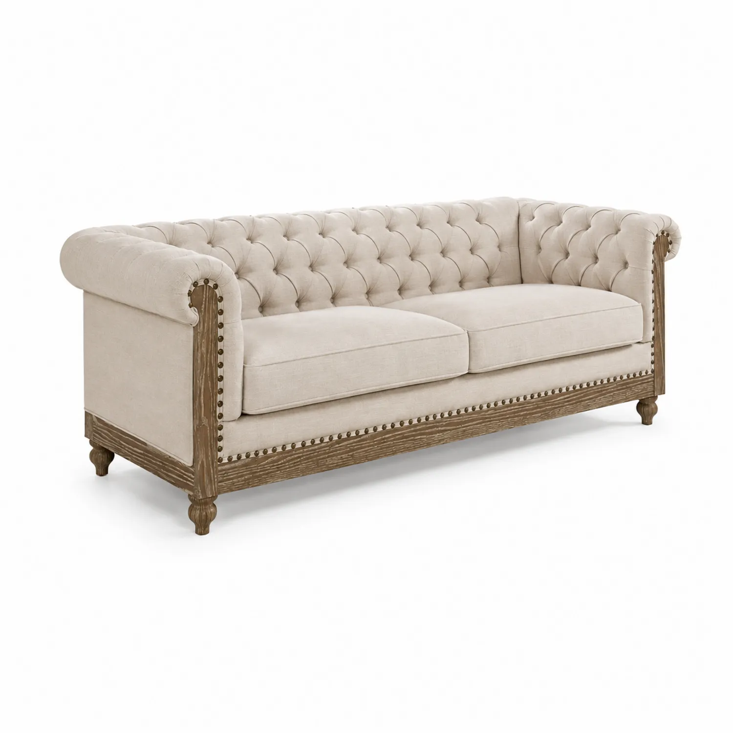 Chesterfield Sofa aus Leinenmischung und Massivholz Beige