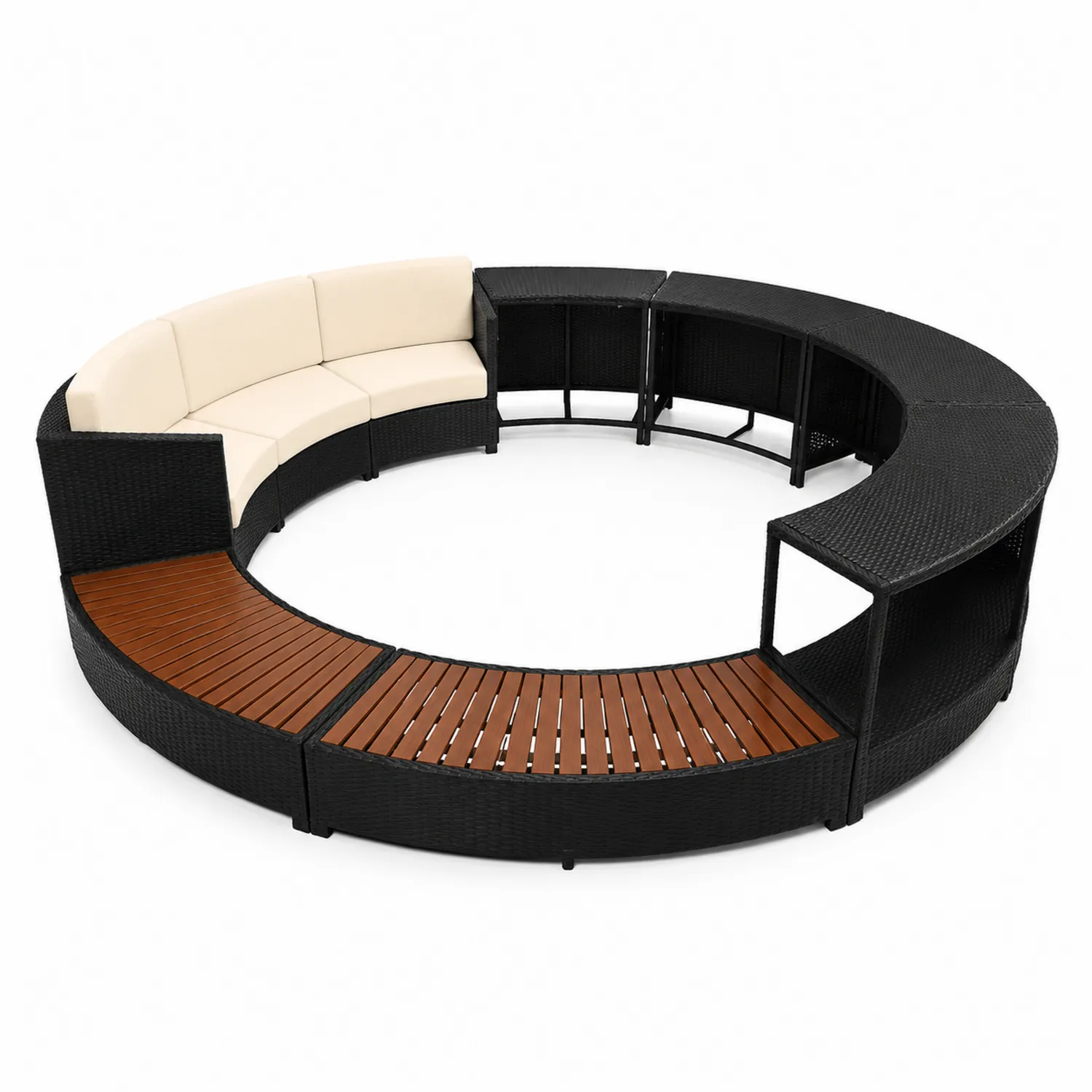 Rundes Gartensofa Set Polyrattan mit Aluminium und Holz Schwarz/Beige