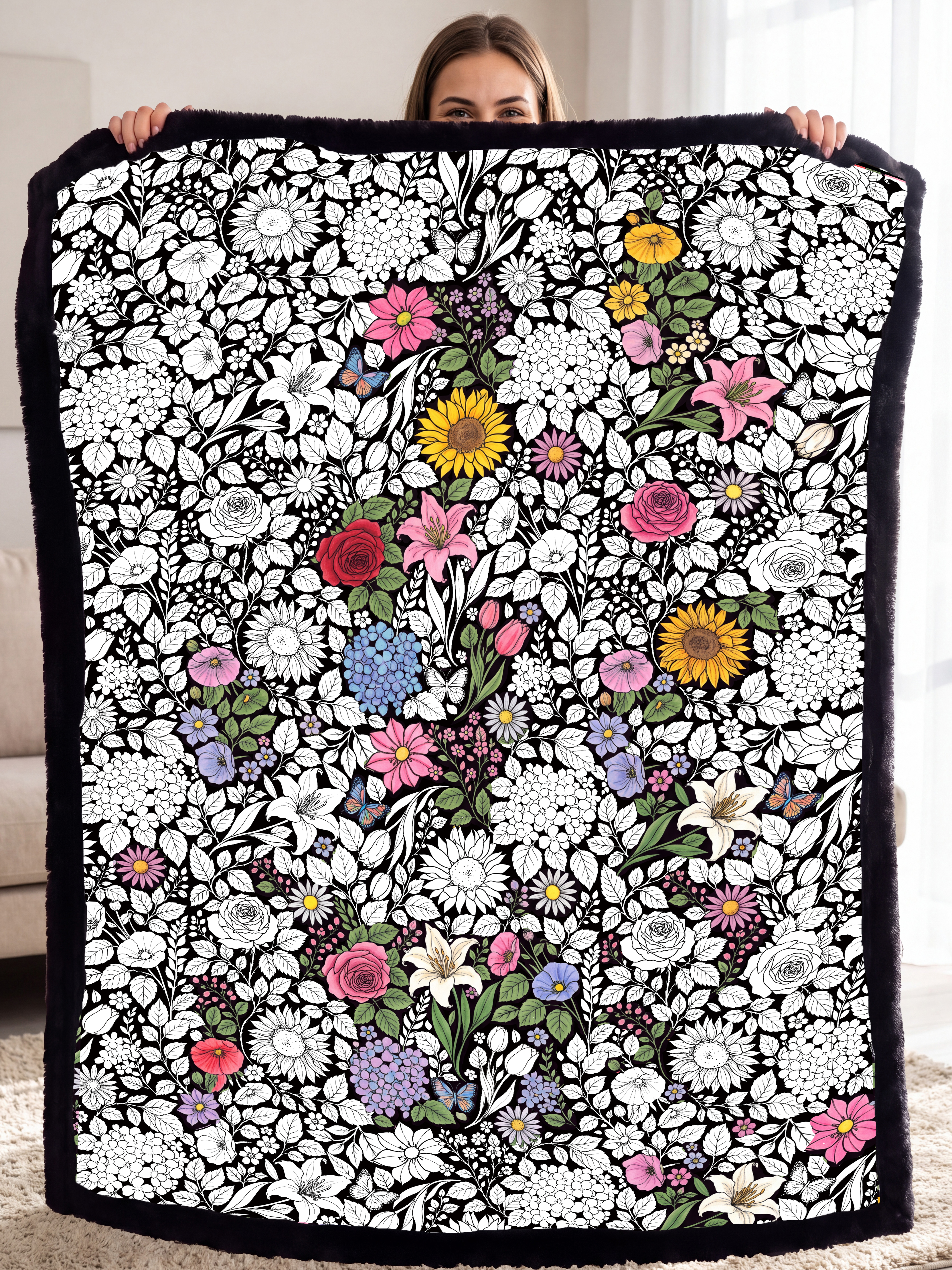 Cozy Doodle Coloring Blanket with 20 Washable Markers (Flowers)