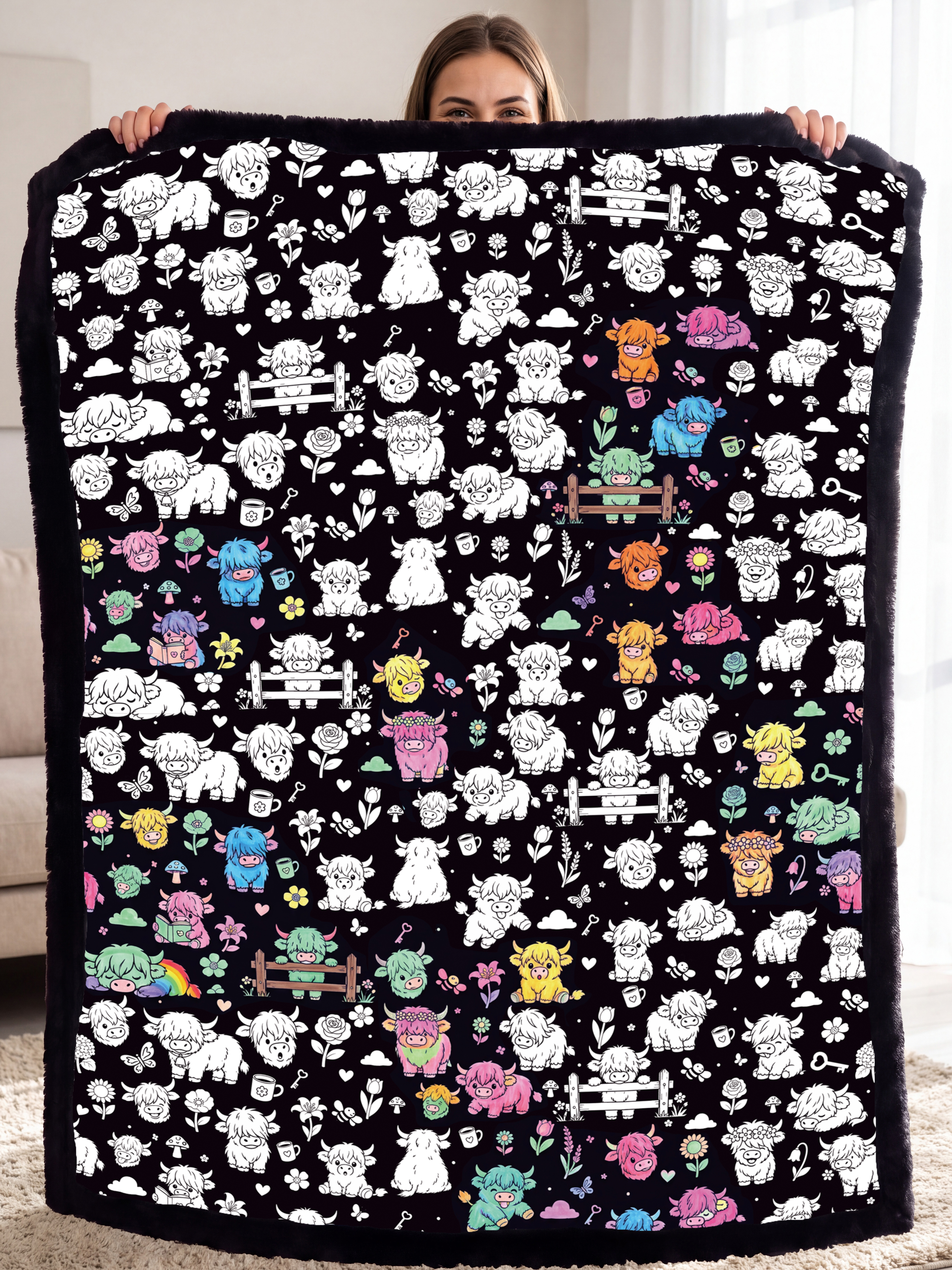 Cozy Doodle Coloring Blanket with 20 Washable Markers (Highland Cattle)