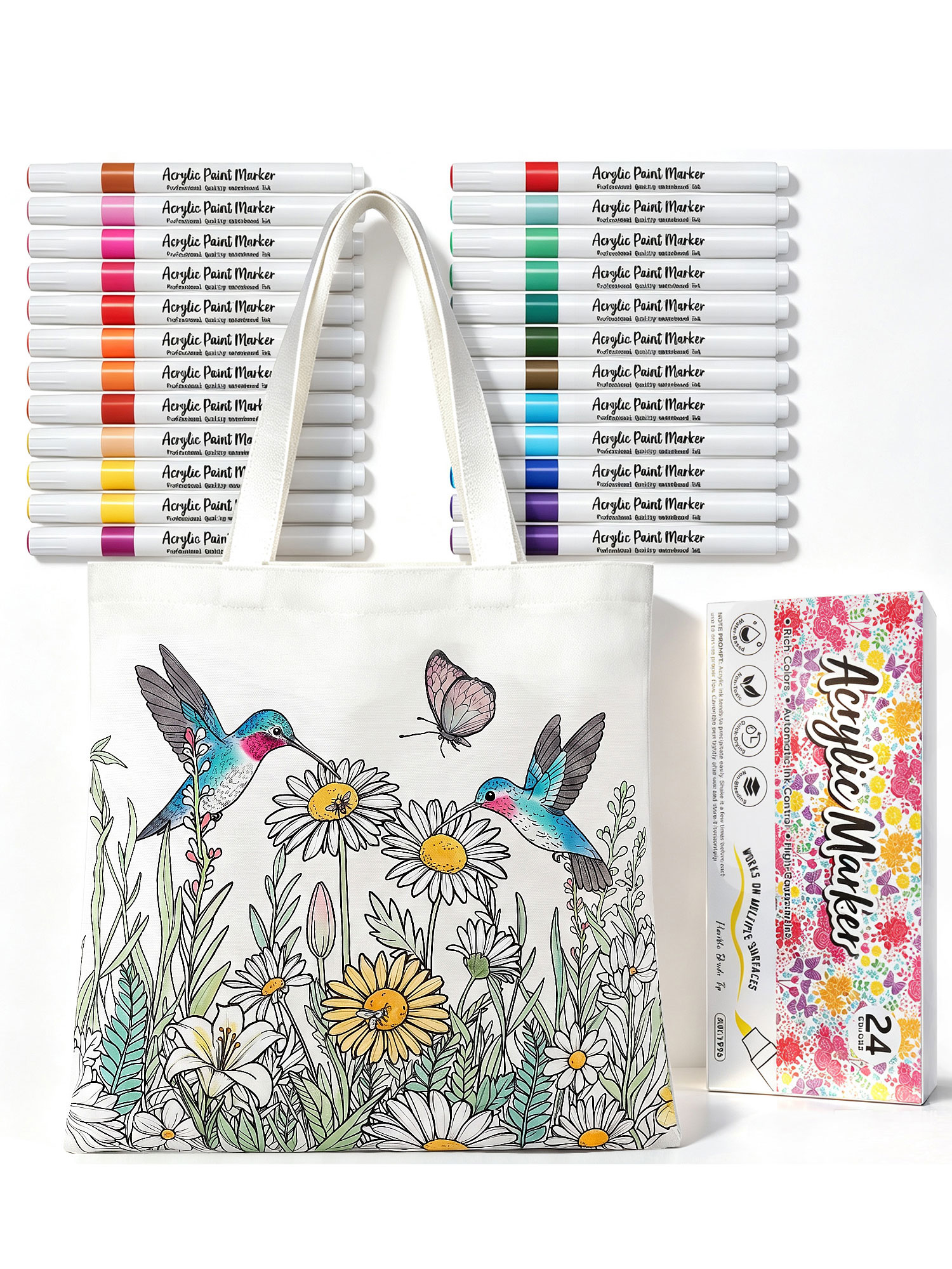 Coloring Canvas Tote Bag for Adults  DIY Painting Kit with 24 Markers (Spring)