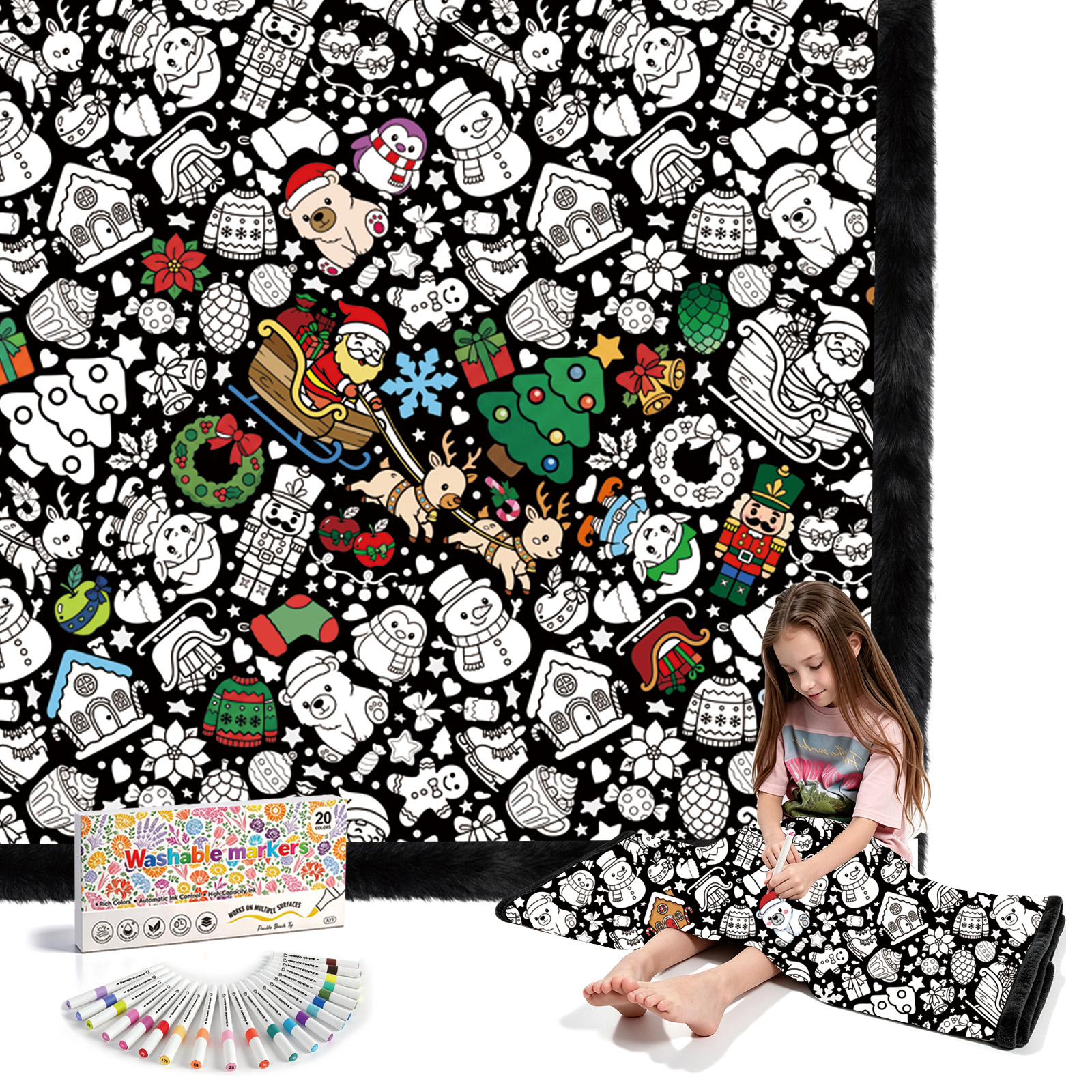 Christmas Coloring Blanket for Adults & Kids -20 Washable Markers