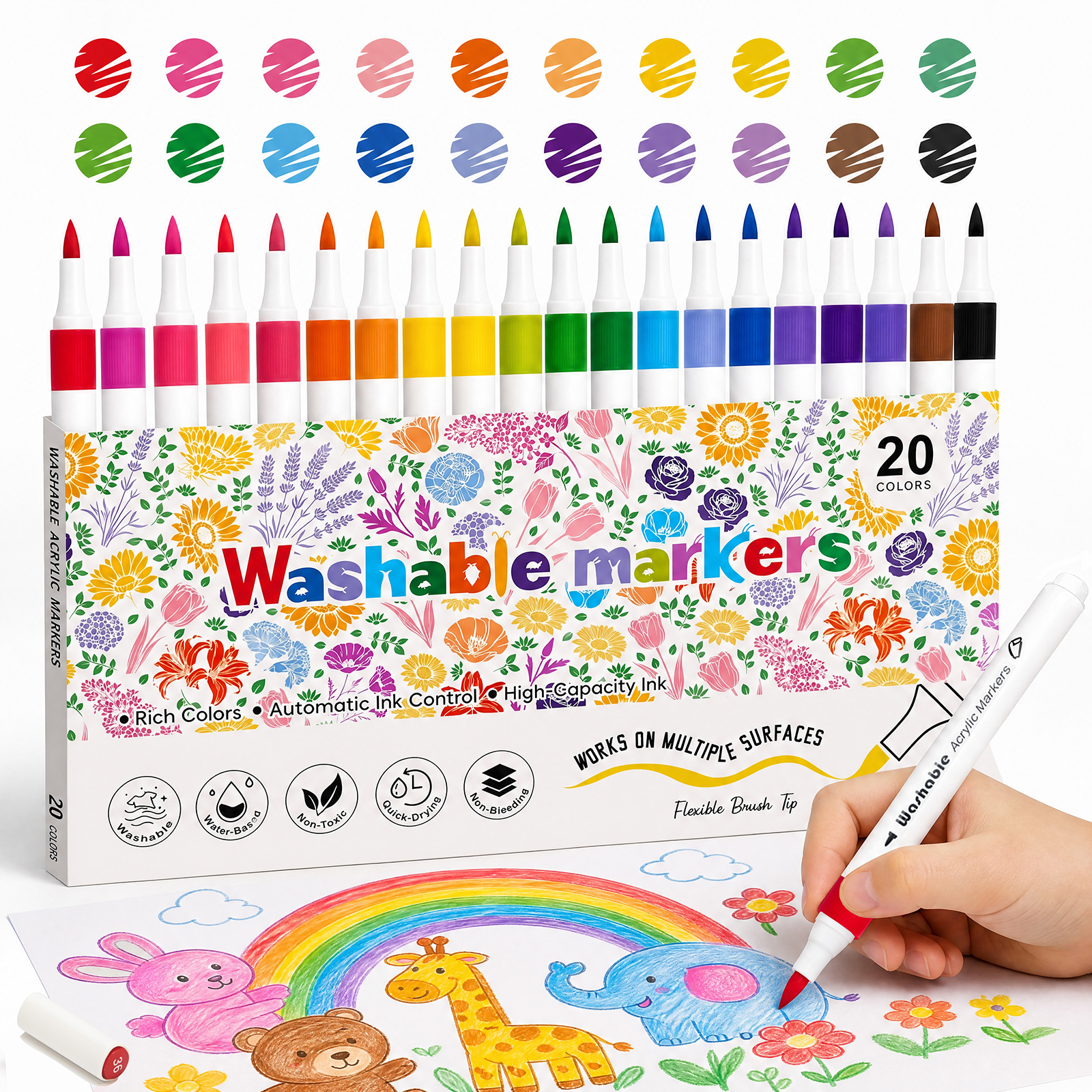 20 Colors Washable Acrylic Paint Markers, Soft Tip Paint Pens