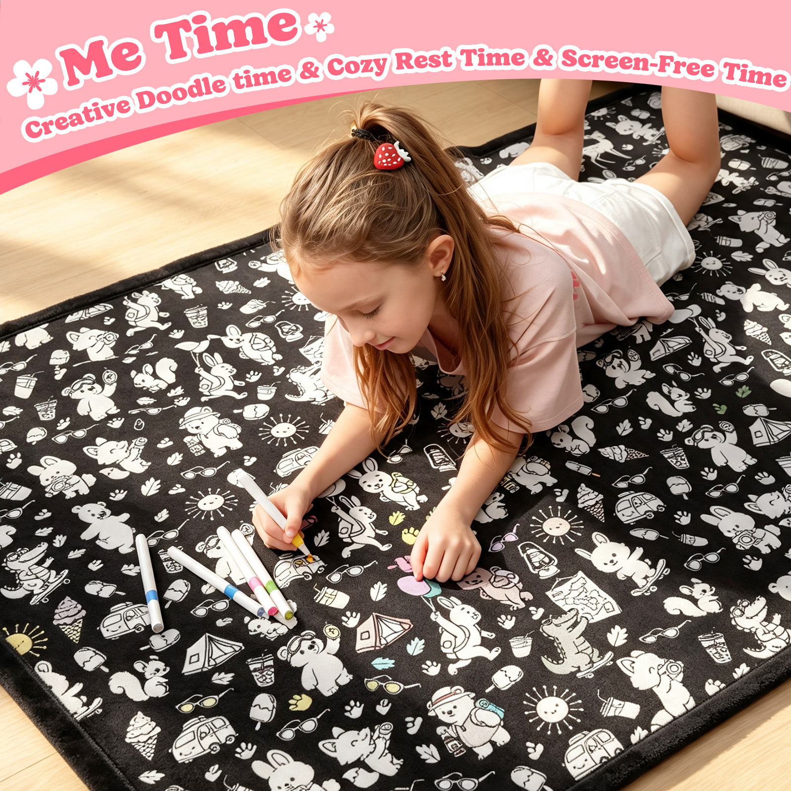 Cozy Doodle Coloring Blanket with 20  Washable Markers, 40x60 Inch