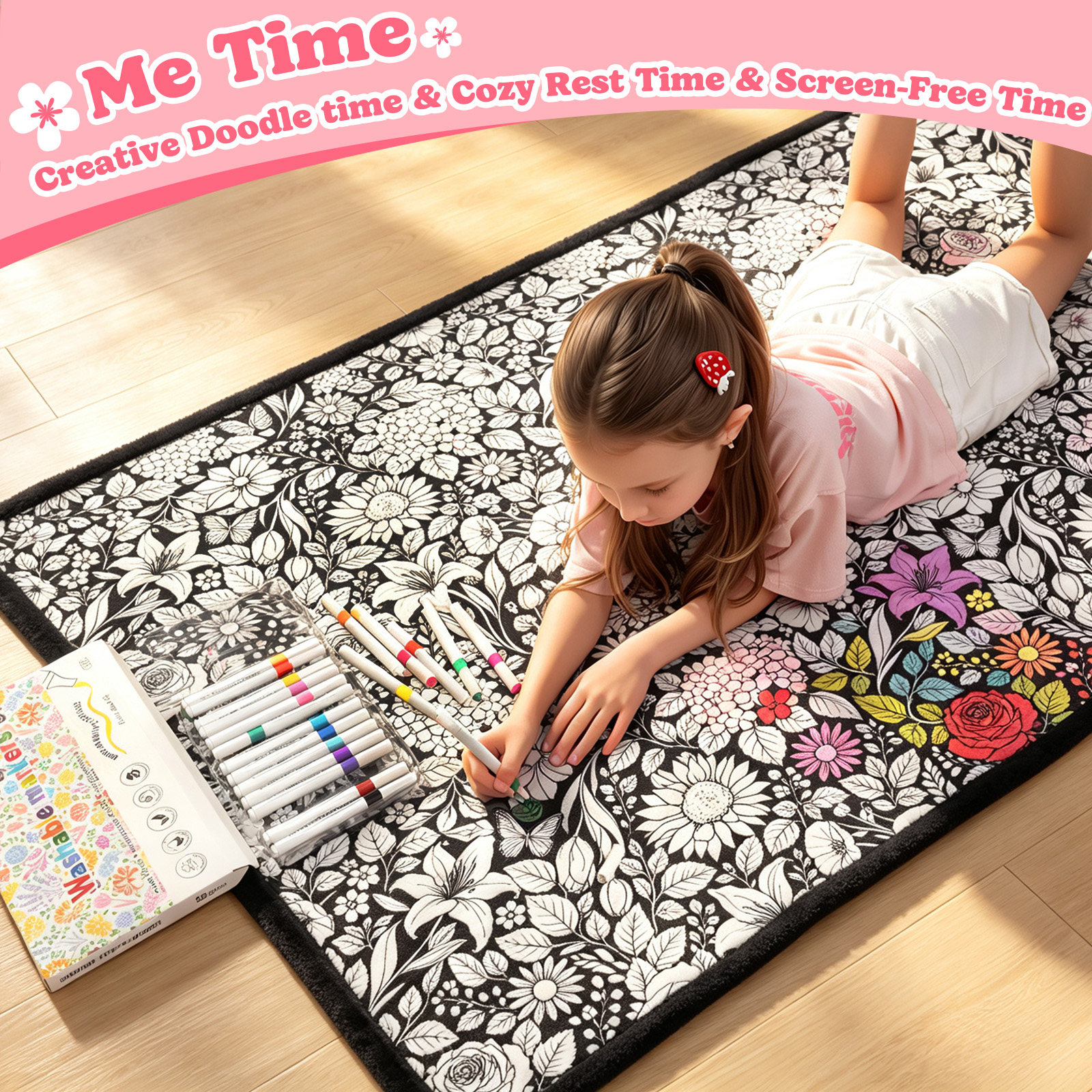 Cozy Doodle Coloring Blanket with 20 Washable Markers (Flowers)