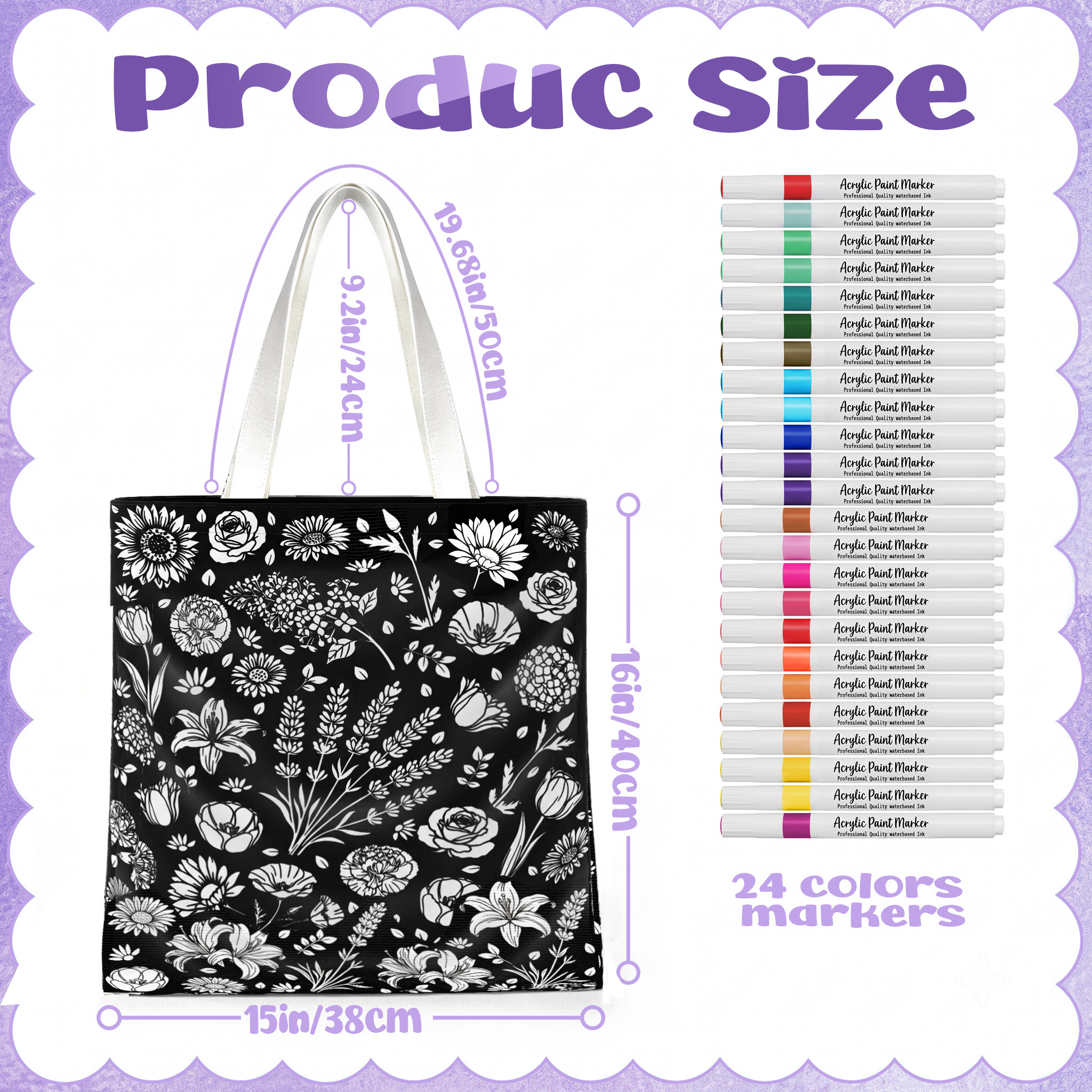 Coloring Canvas Tote Bag for Adults  DIY Painting Kit with 24 Markers (Flowers)