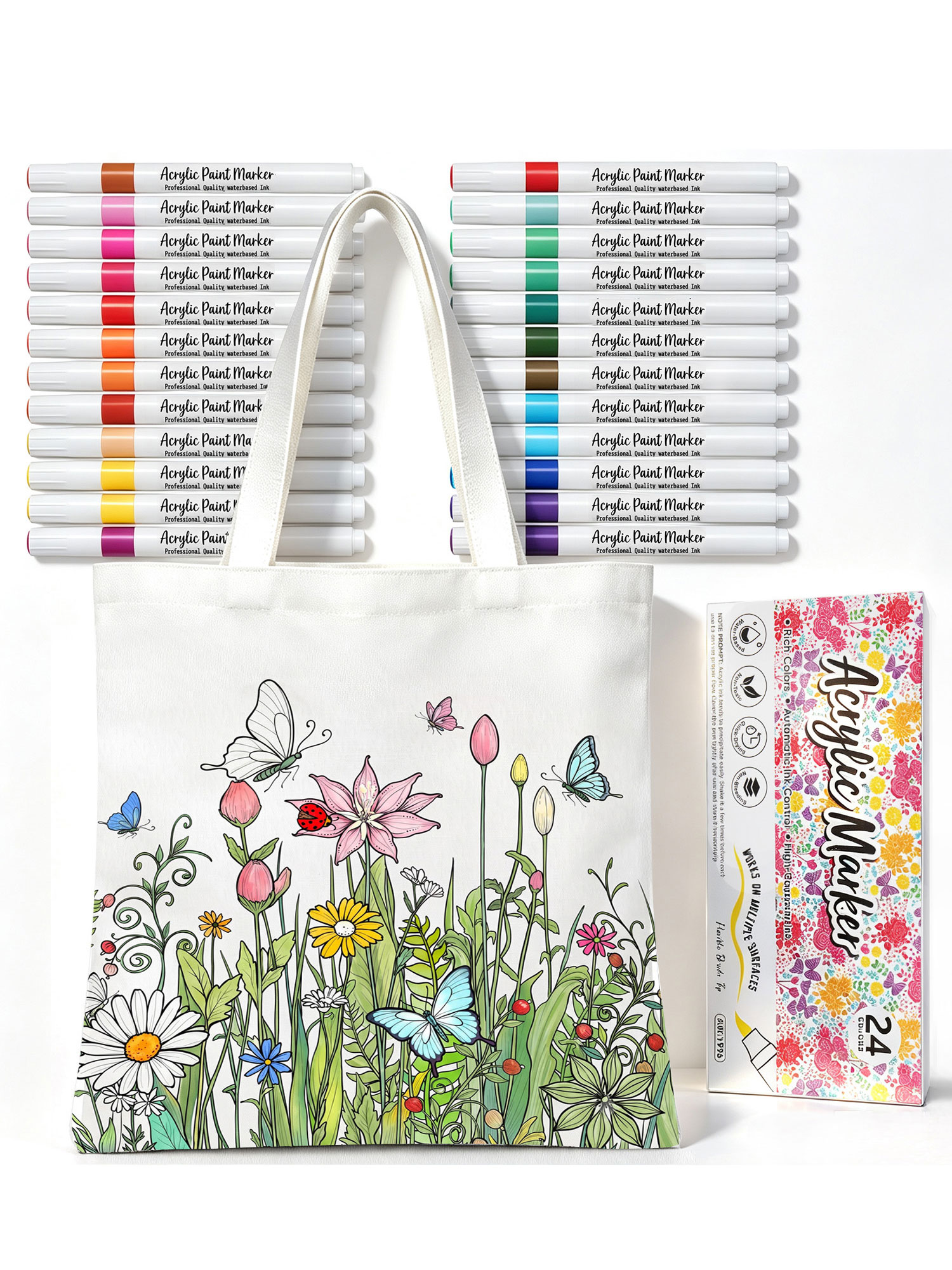 Coloring Canvas Tote Bag for Adults DIY Painting Kit with 24 Markers (Butterfly Ladybug)