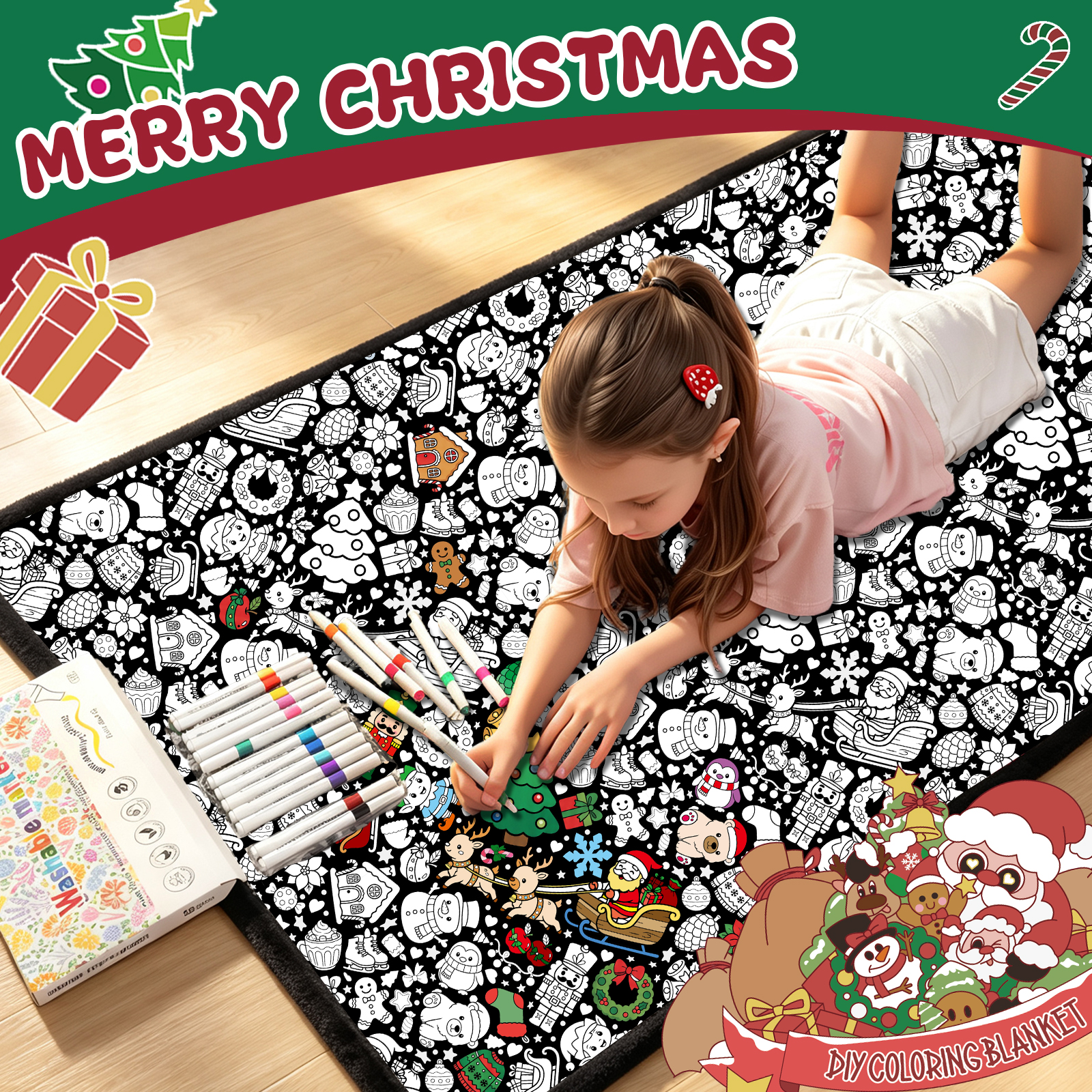 Christmas Coloring Blanket for Adults & Kids -20 Washable Markers