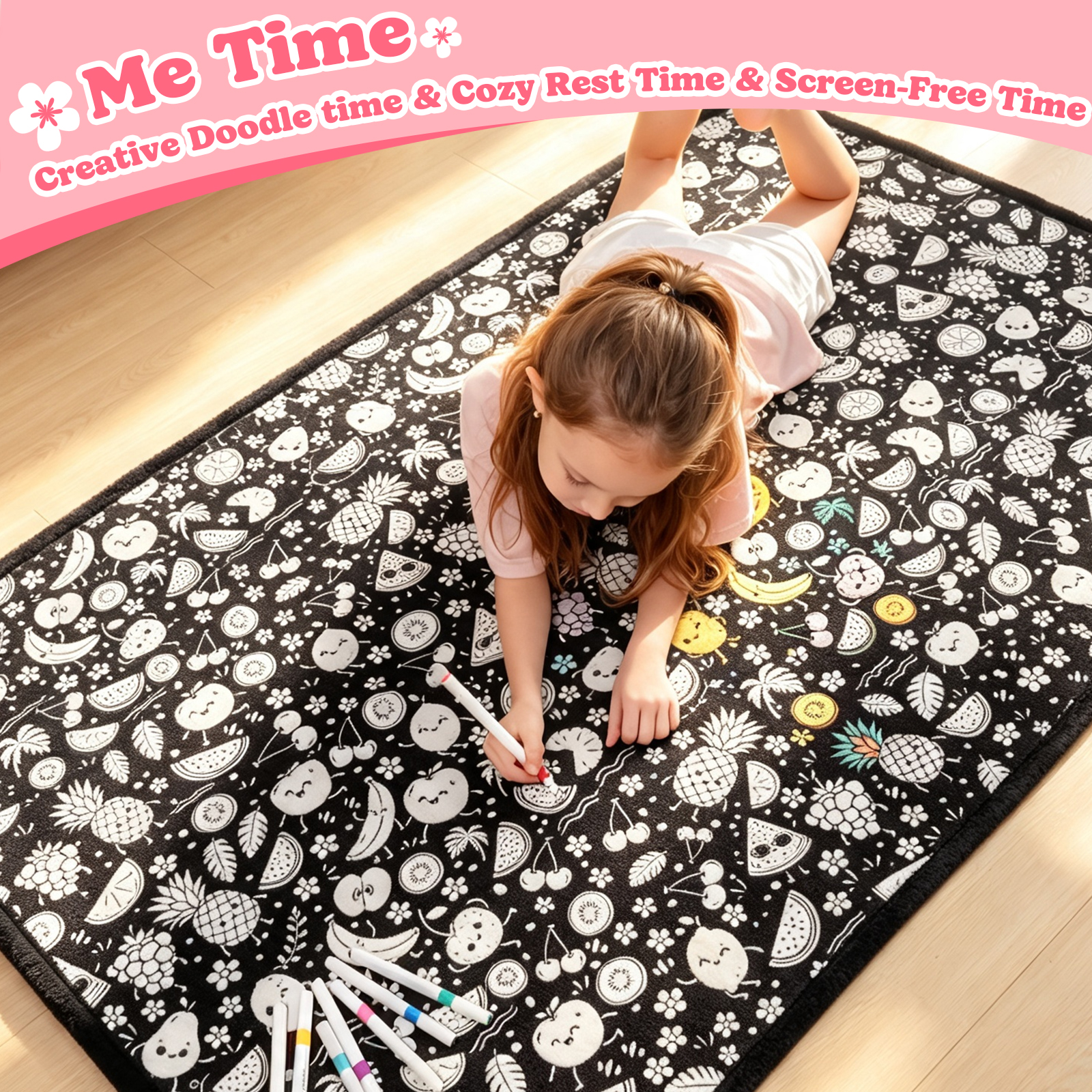 Cozy Doodle Coloring Blanket with 20 Washable Markers (Fruits)