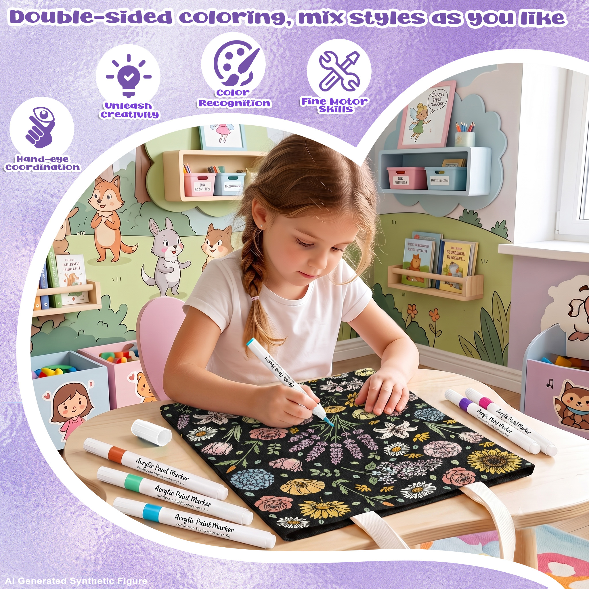 Coloring Canvas Tote Bag for Adults  DIY Painting Kit with 24 Markers (Flowers)