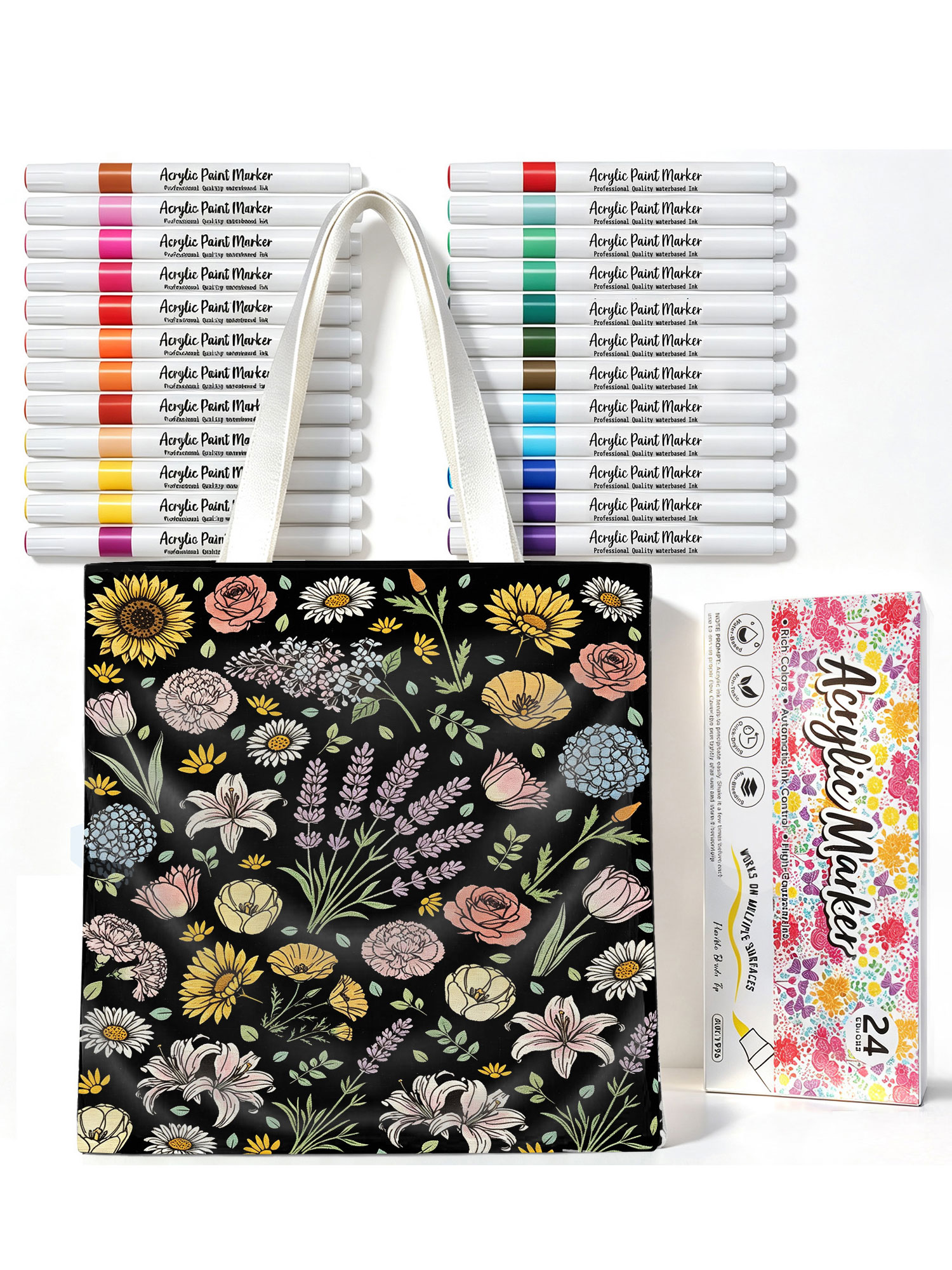 Coloring Canvas Tote Bag for Adults DIY Painting Kit with 24 Markers (Flowers)