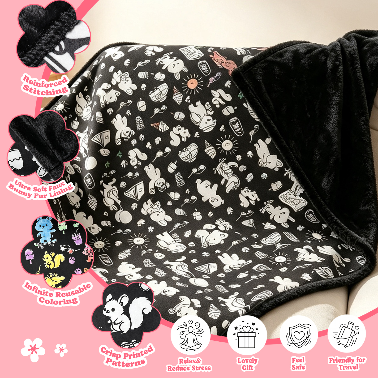 Cozy Doodle Coloring Blanket with 20  Washable Markers, 40x60 Inch