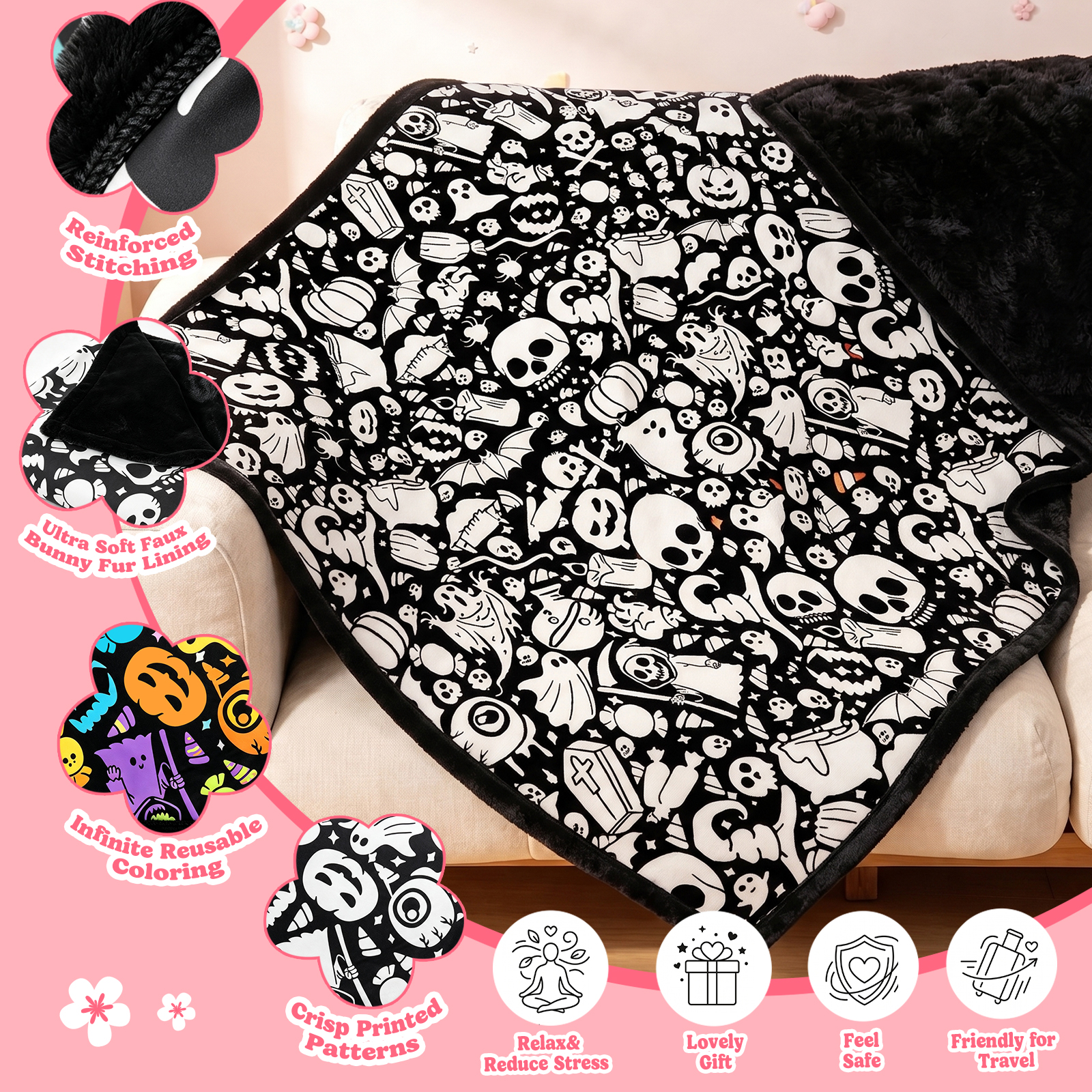 Halloween Coloring Blanket with 20 Washable Markers, 40x60 Inch