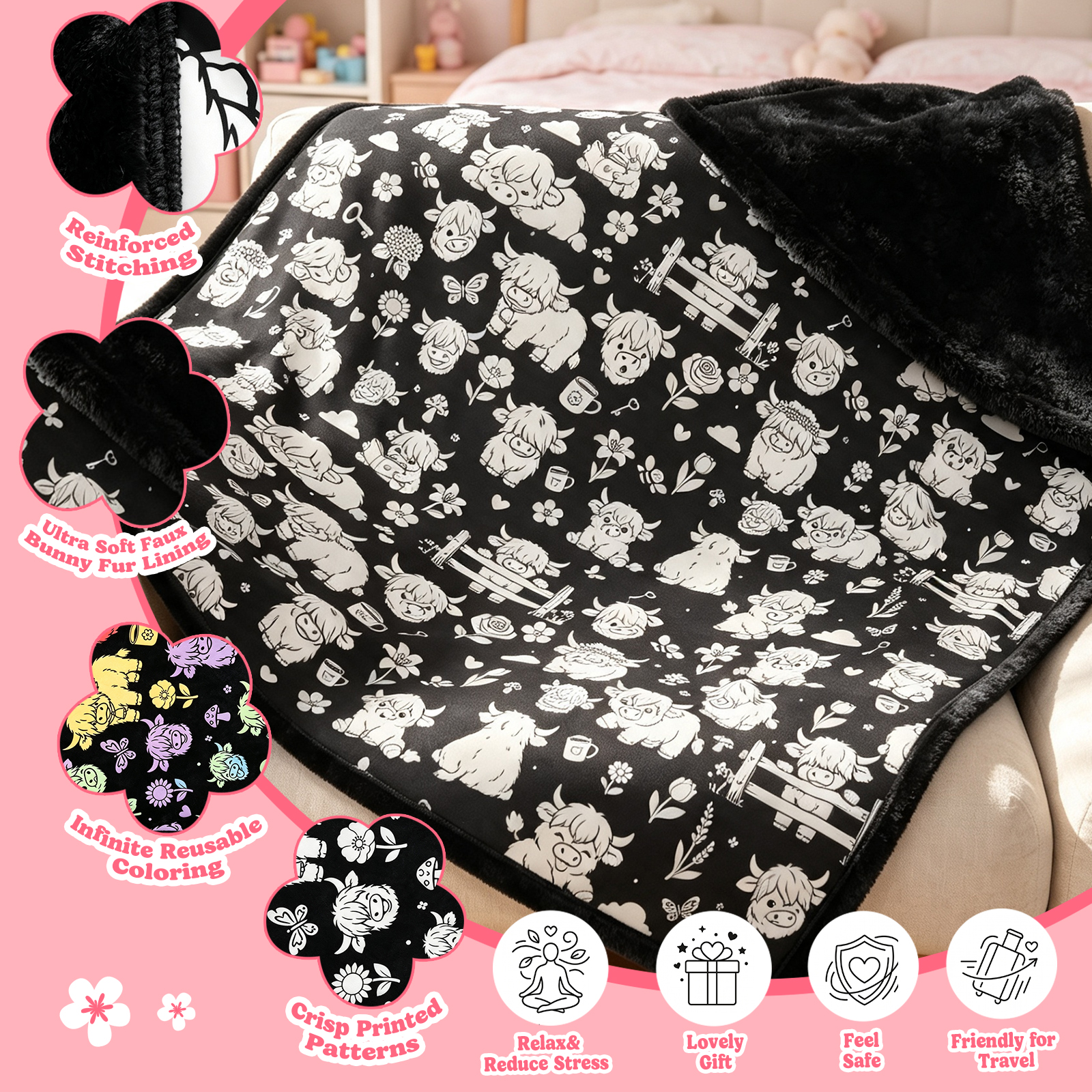 Cozy Doodle Coloring Blanket with 20 Washable Markers (Highland Cattle)