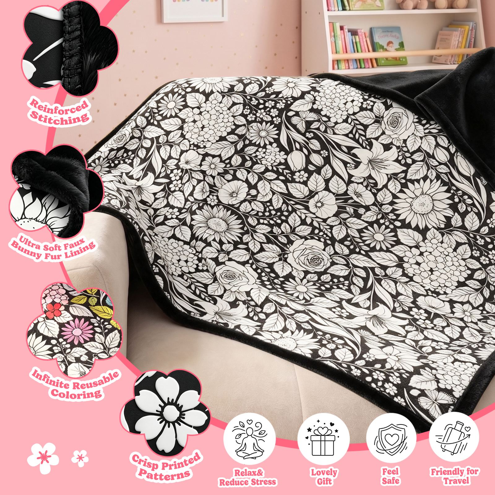 Cozy Doodle Coloring Blanket with 20 Washable Markers (Flowers)