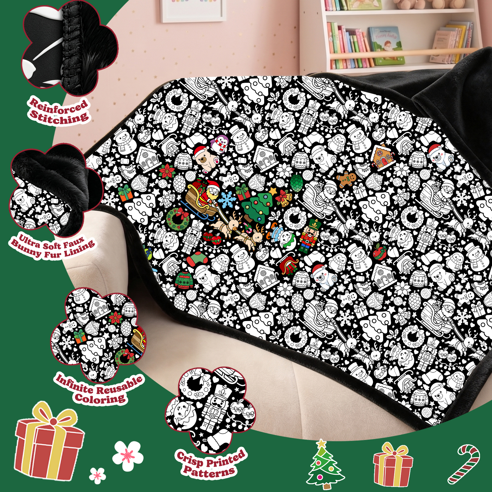 Christmas Coloring Blanket for Adults & Kids -20 Washable Markers