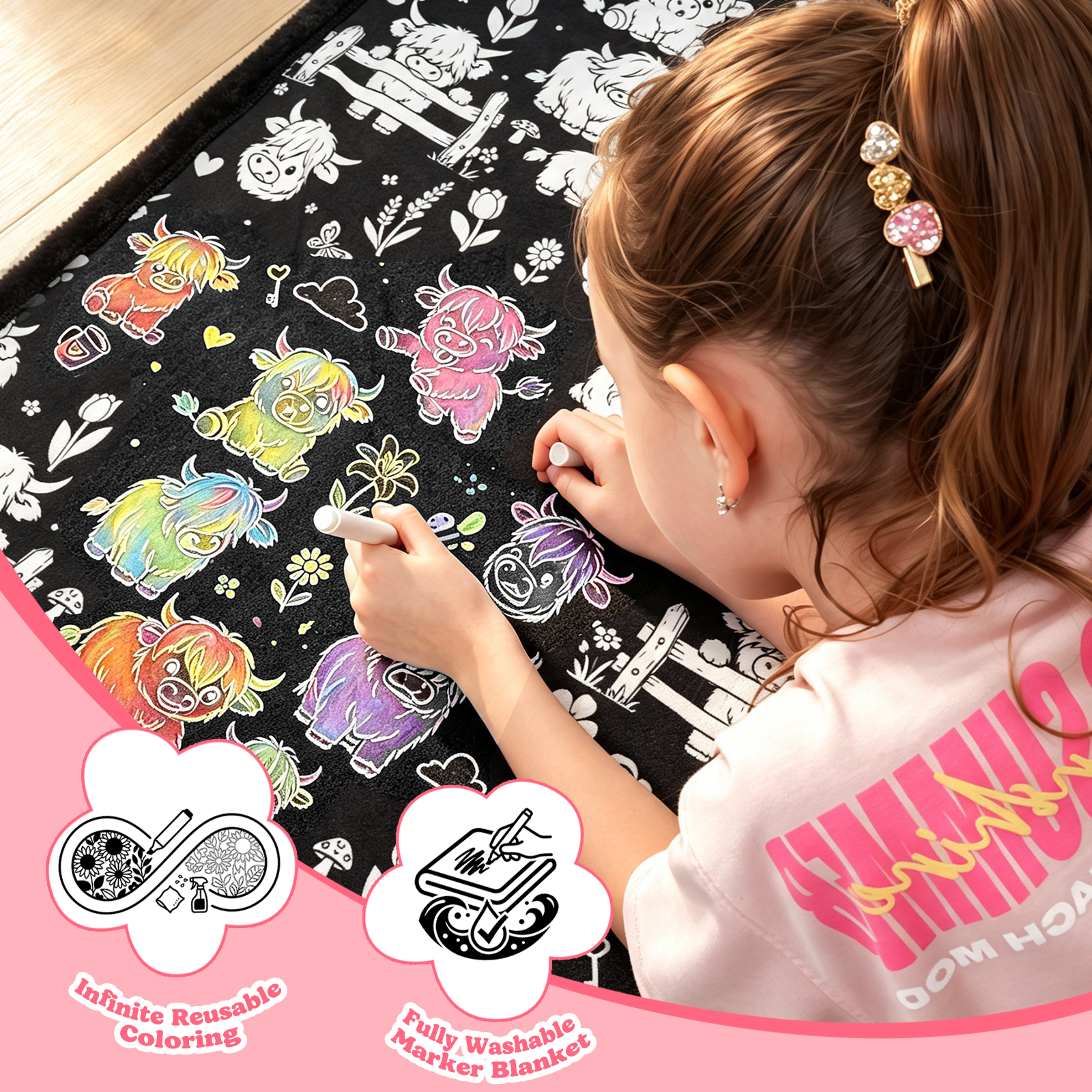 Cozy Doodle Coloring Blanket with 20 Washable Markers (Highland Cattle)