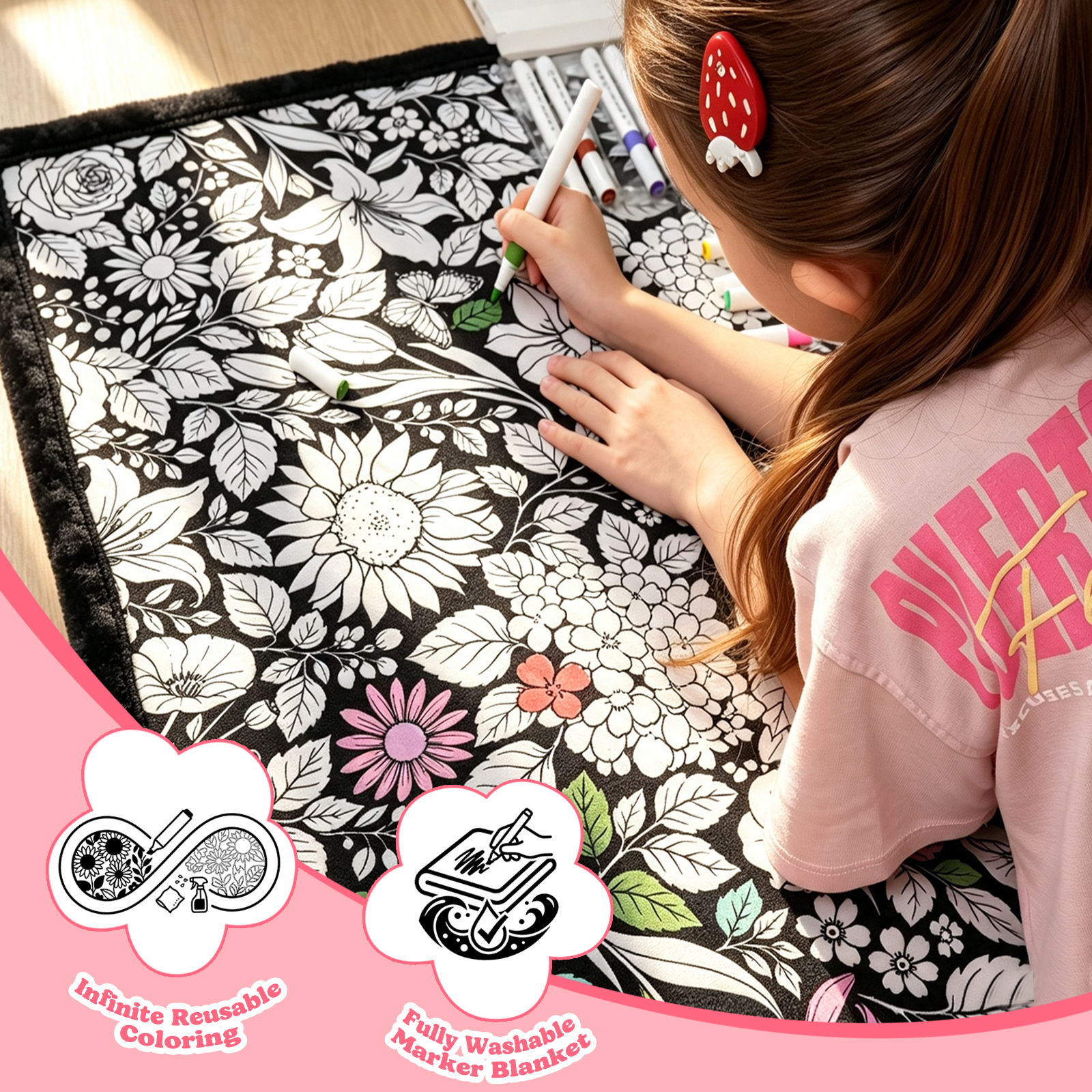 Cozy Doodle Coloring Blanket with 20 Washable Markers (Flowers)