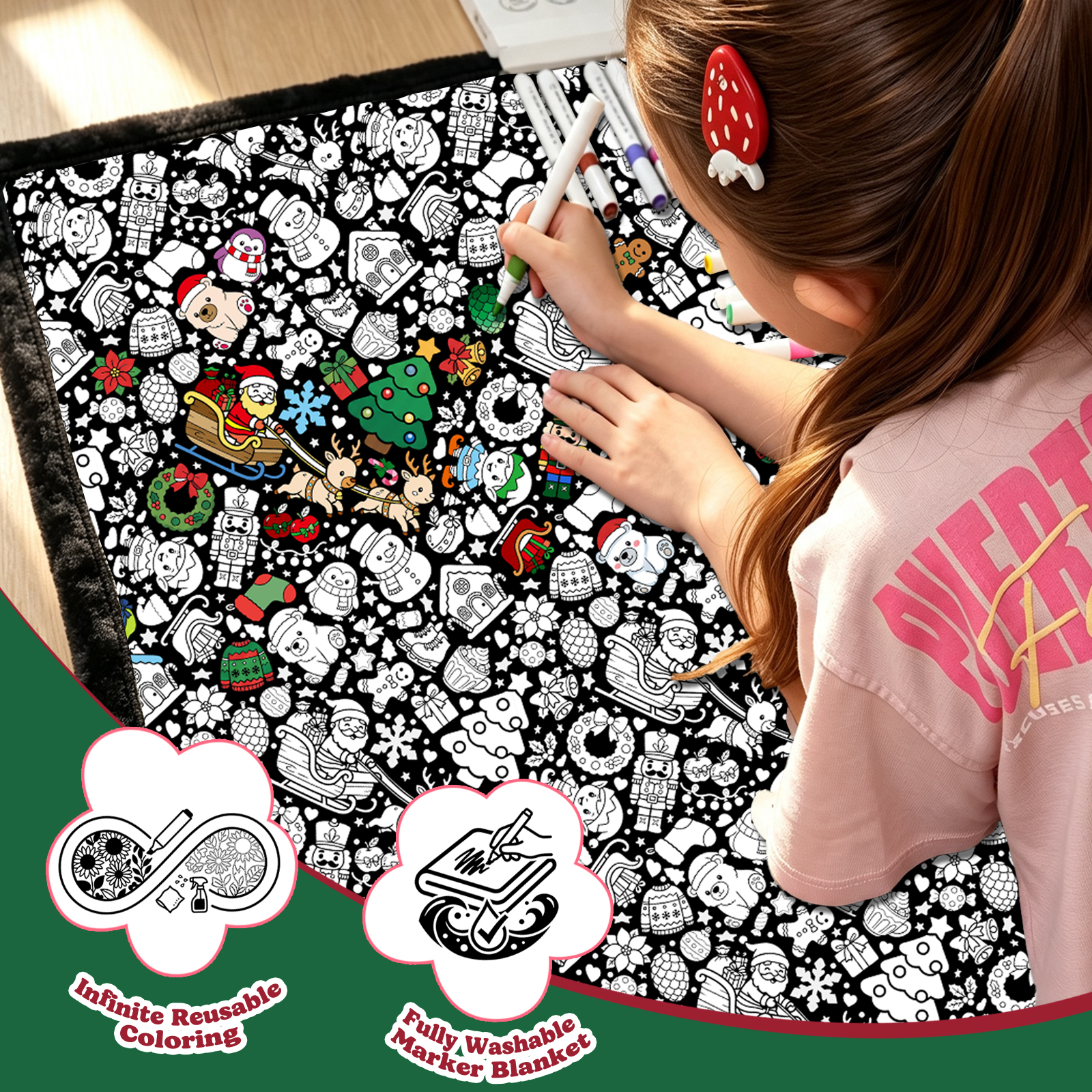 Christmas Coloring Blanket for Adults & Kids -20 Washable Markers