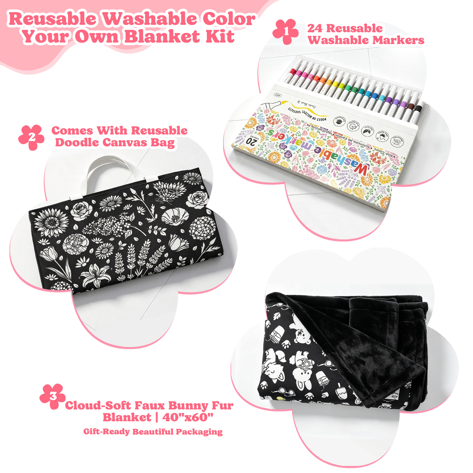 Cozy Doodle Coloring Blanket with 20  Washable Markers, 40x60 Inch
