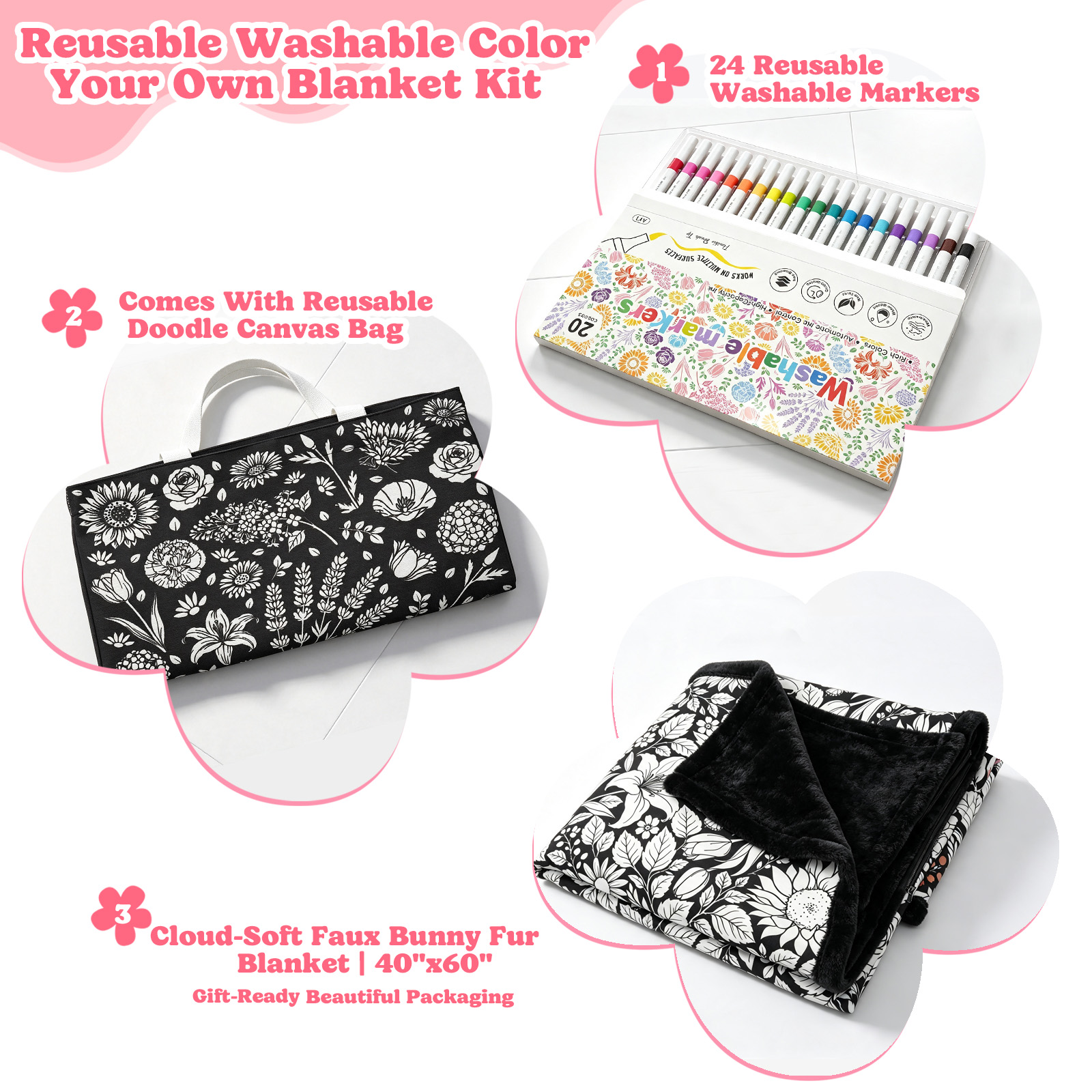 Cozy Doodle Coloring Blanket with 20 Washable Markers (Flowers)