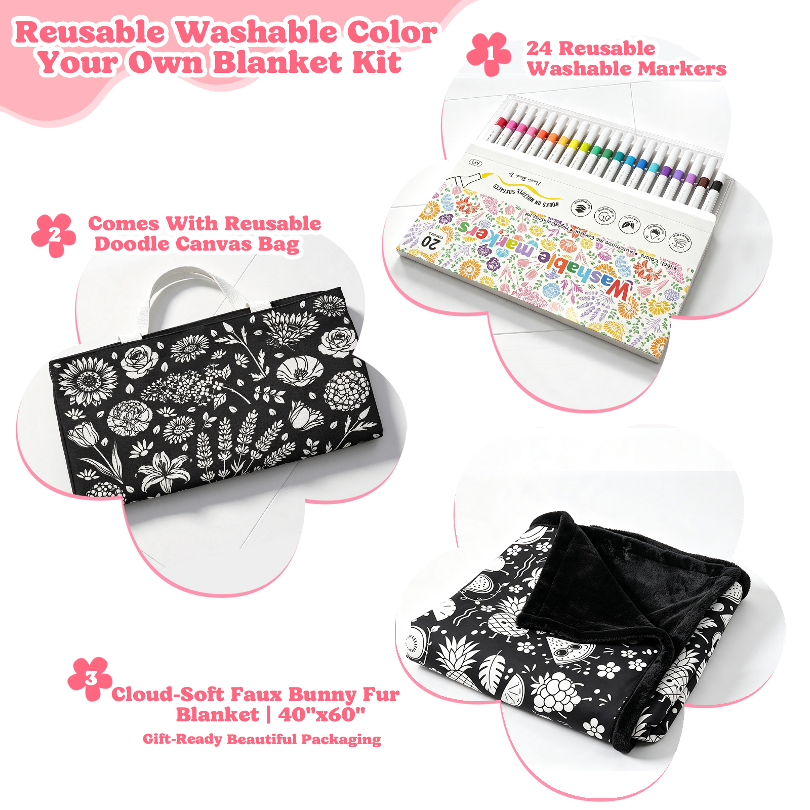 Cozy Doodle Coloring Blanket with 20 Washable Markers (Fruits)