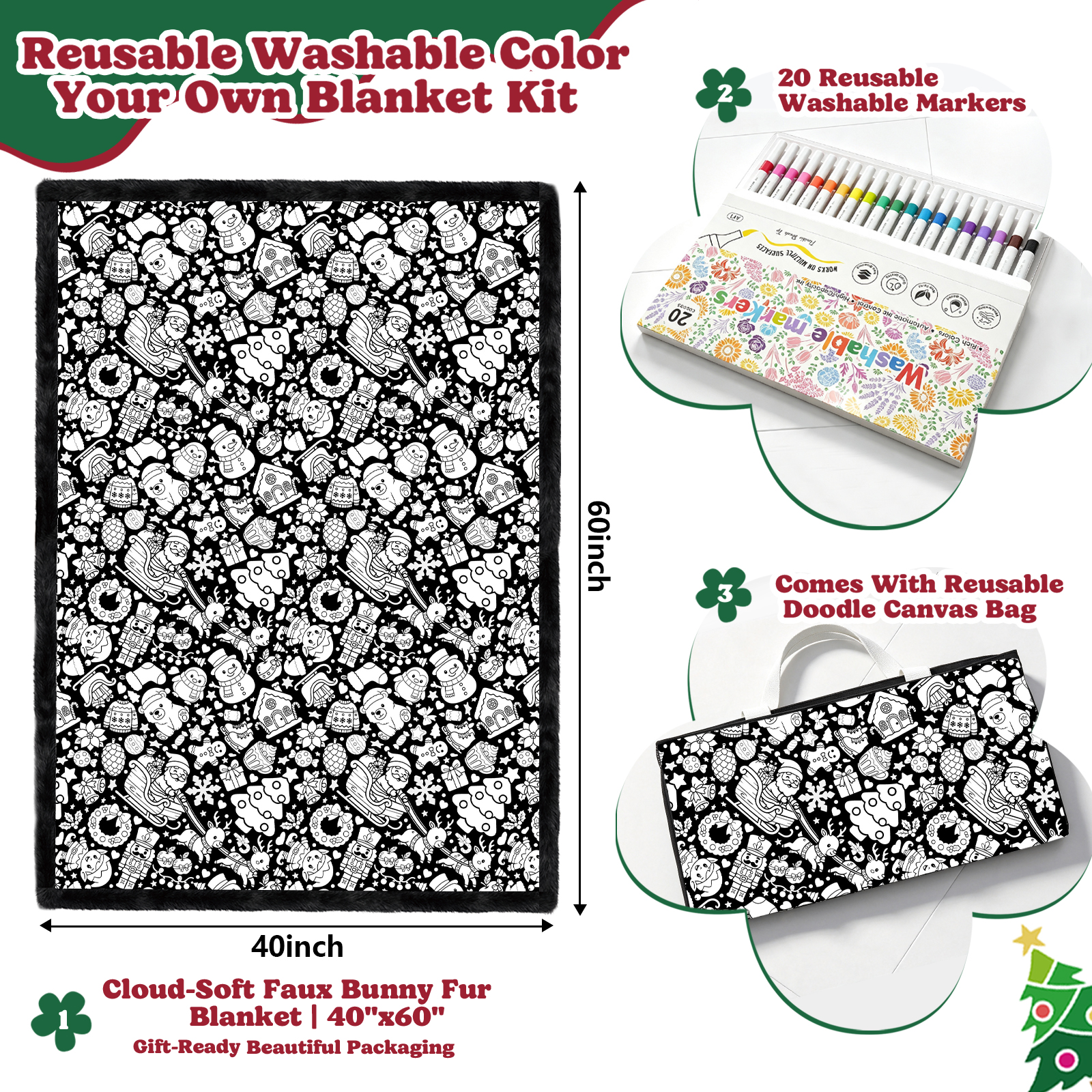 Christmas Coloring Blanket for Adults & Kids -20 Washable Markers