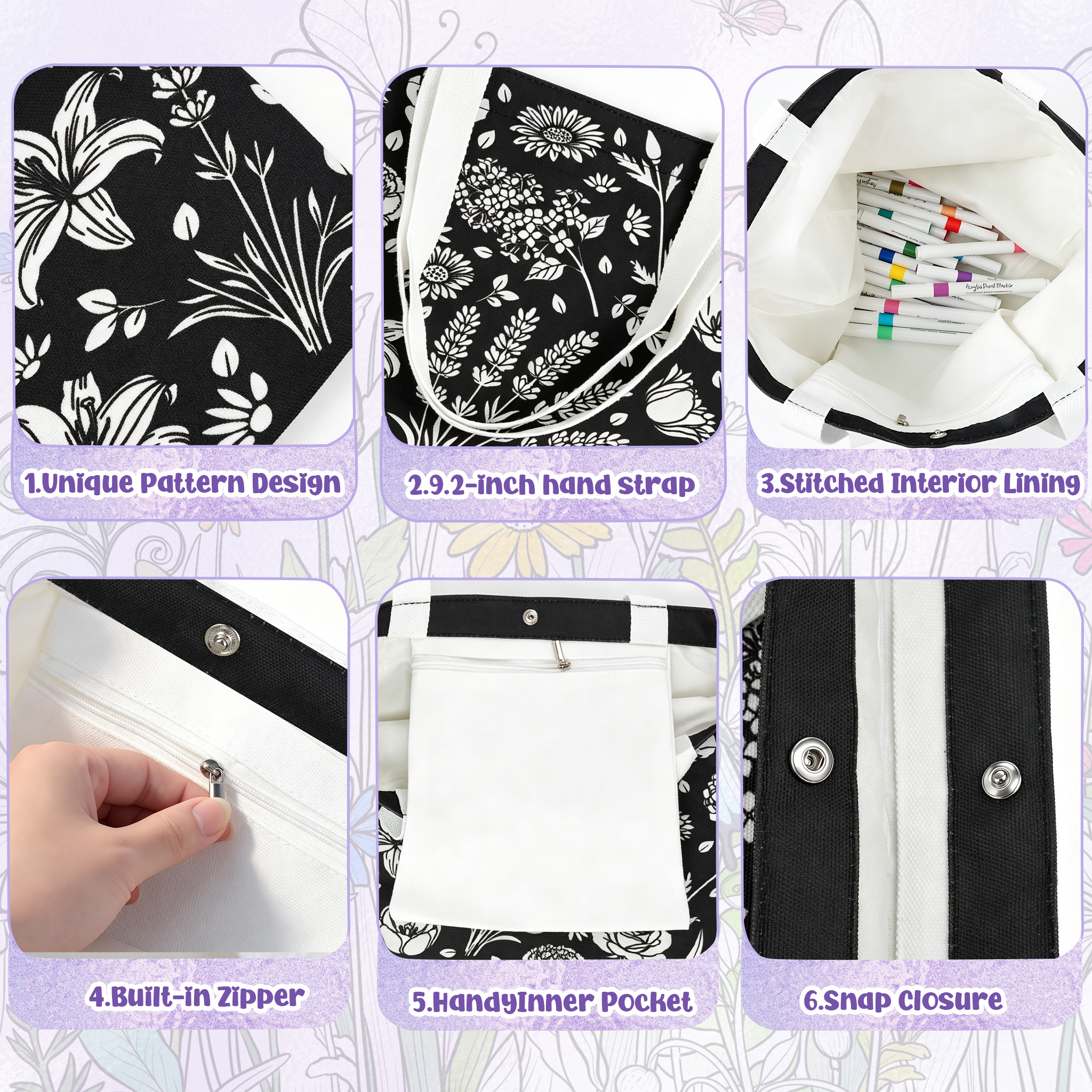 Coloring Canvas Tote Bag for Adults  DIY Painting Kit with 24 Markers (Flowers)