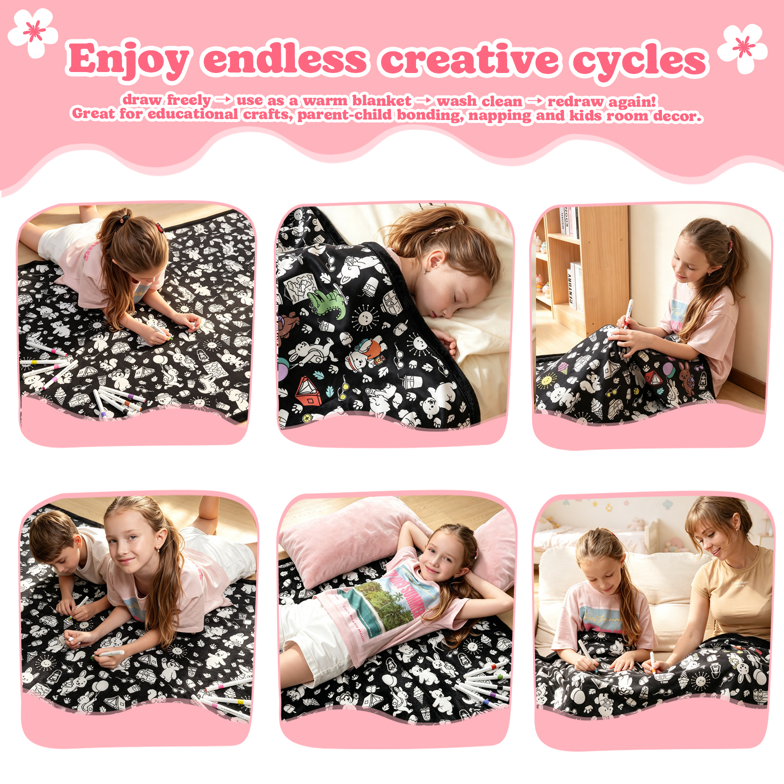 Cozy Doodle Coloring Blanket with 20  Washable Markers, 40x60 Inch