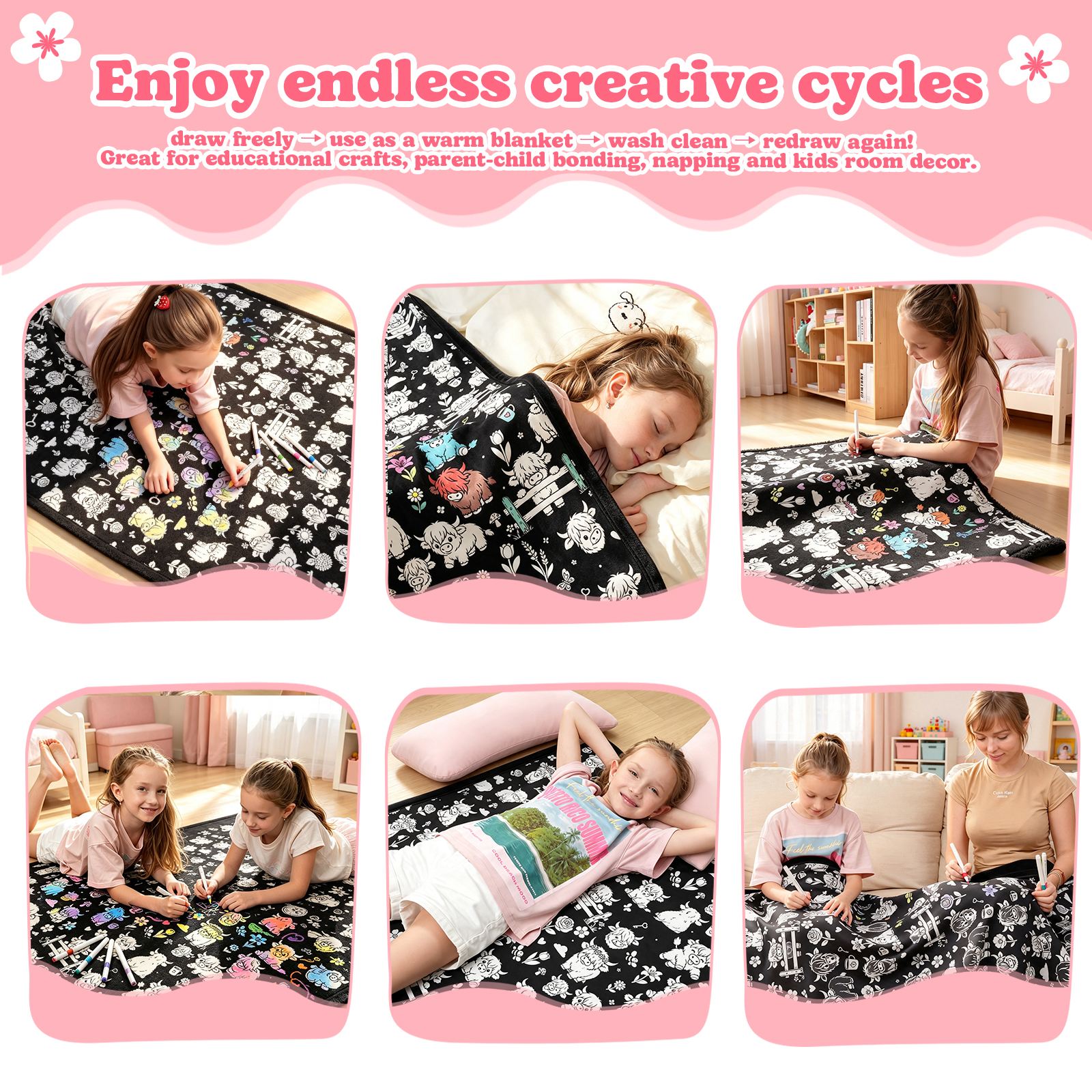 Cozy Doodle Coloring Blanket with 20 Washable Markers (Highland Cattle)