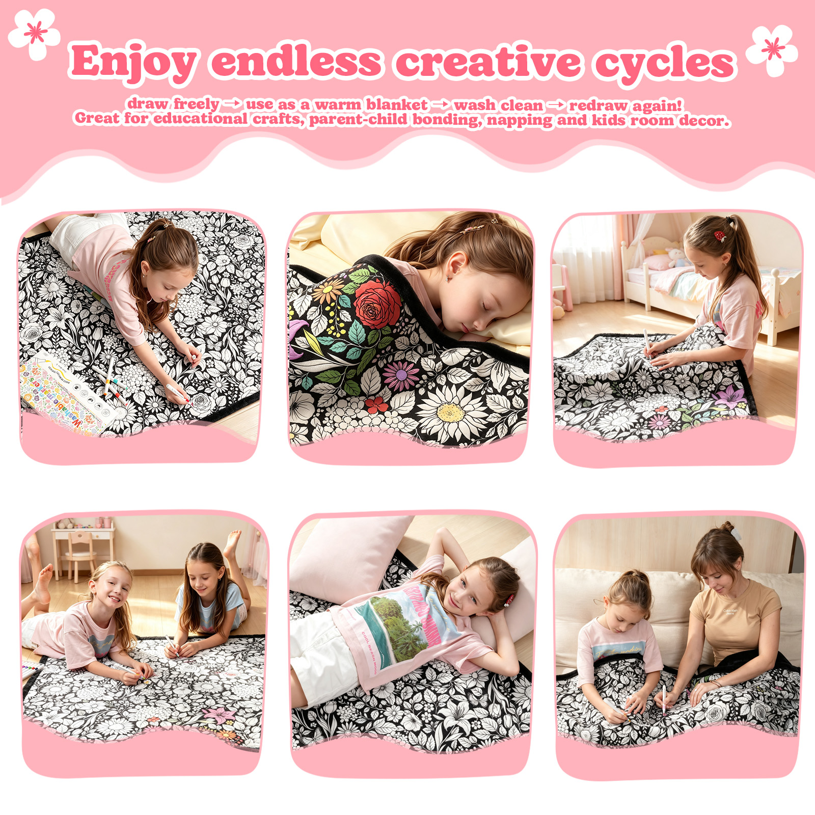 Cozy Doodle Coloring Blanket with 20 Washable Markers (Flowers)