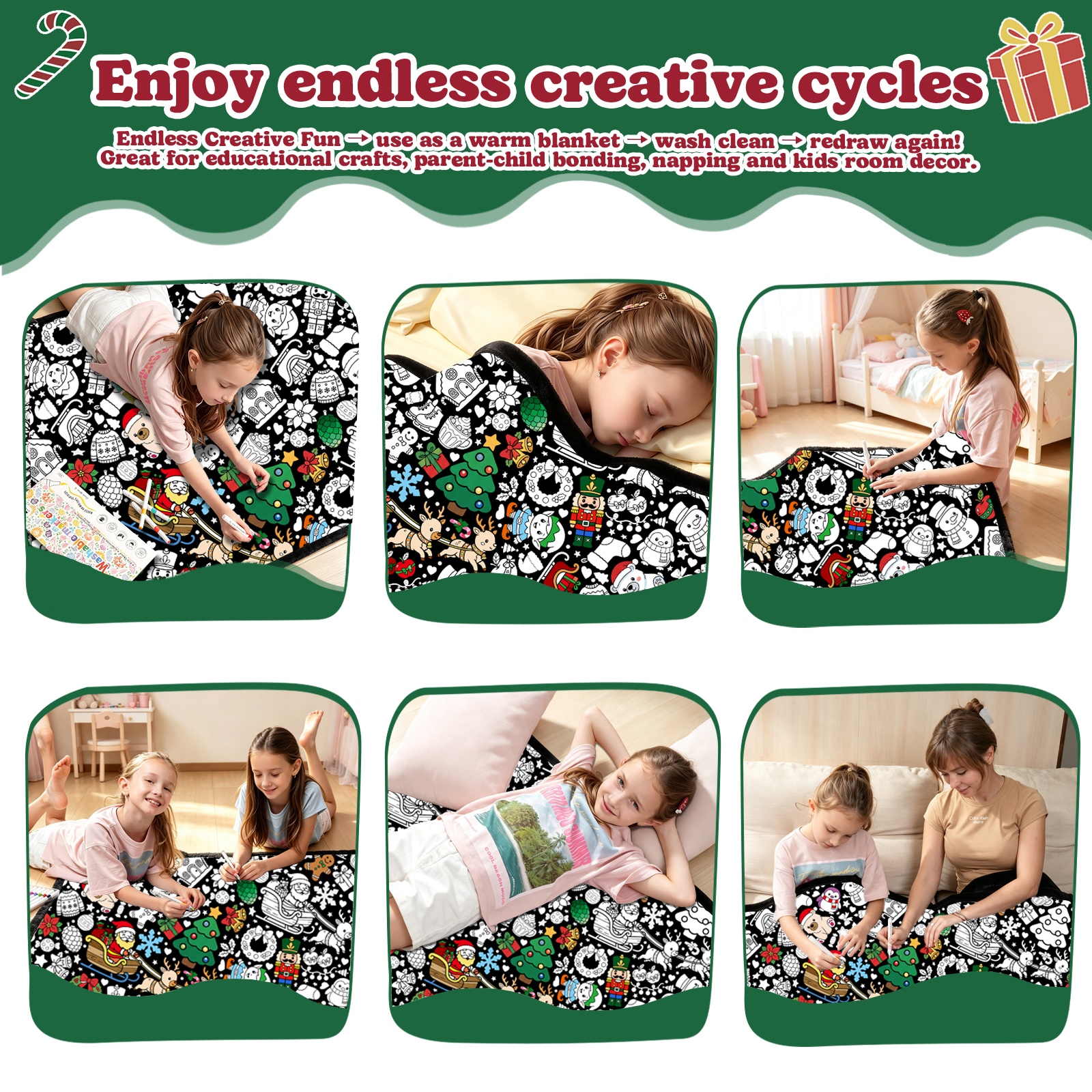 Christmas Coloring Blanket for Adults & Kids -20 Washable Markers