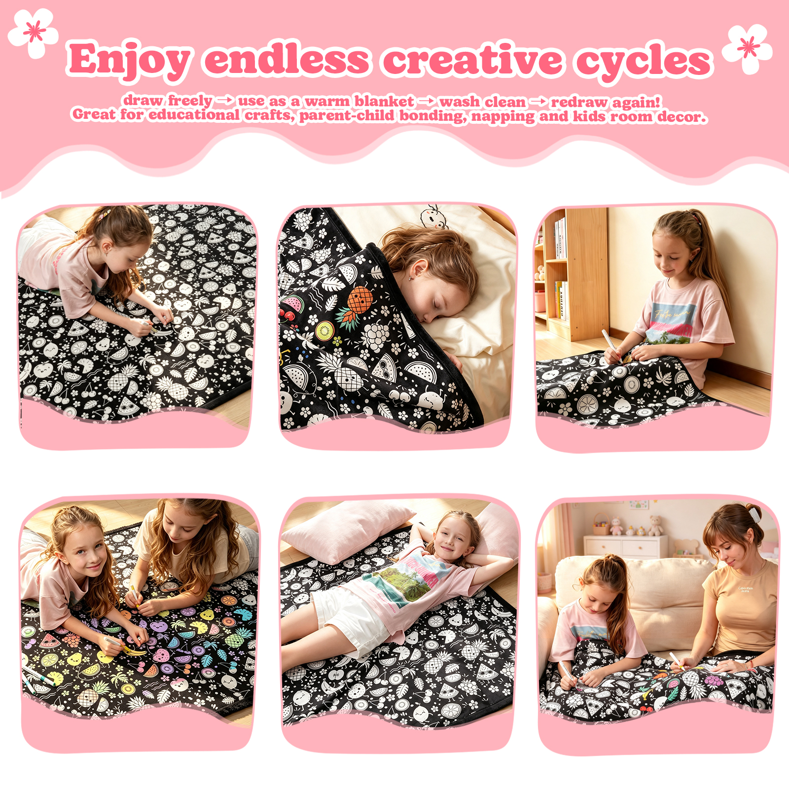 Cozy Doodle Coloring Blanket with 20 Washable Markers (Fruits)