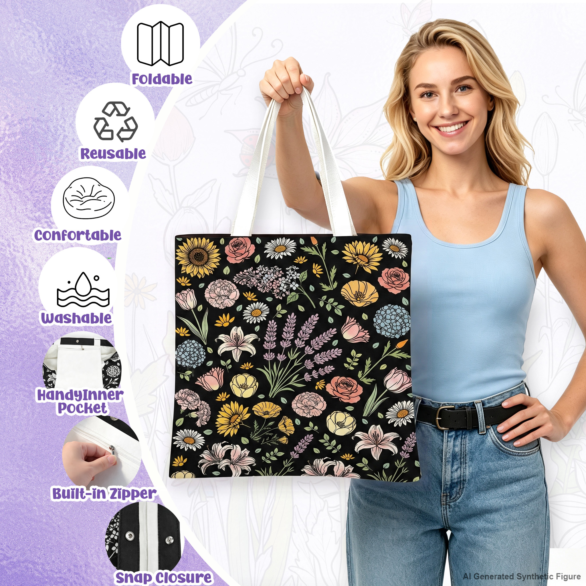 Coloring Canvas Tote Bag for Adults  DIY Painting Kit with 24 Markers (Flowers)