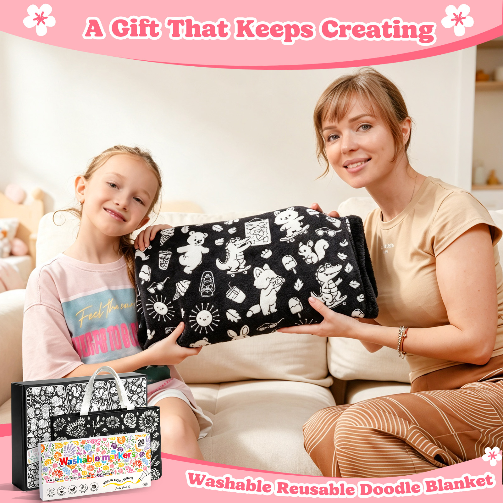 Cozy Doodle Coloring Blanket with 20  Washable Markers, 40x60 Inch